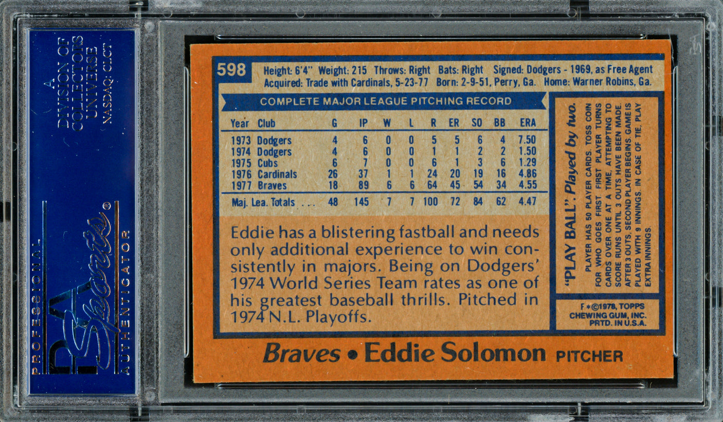 Eddie Solomon Autographed 1978 Topps Card #598 Atlanta Braves PSA/DNA #83308844