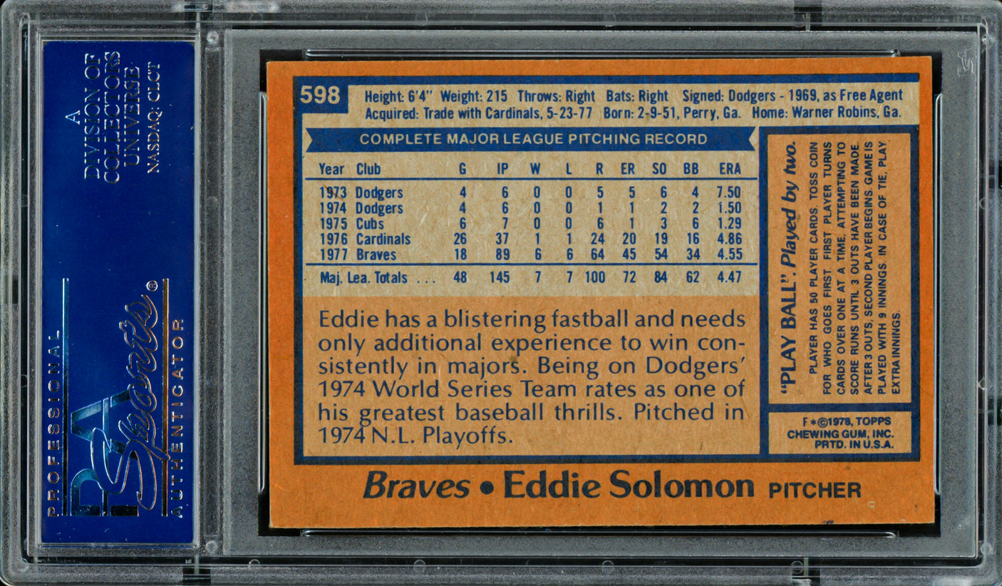 Eddie Solomon Autographed 1978 Topps Card #598 Atlanta Braves PSA/DNA #83308845