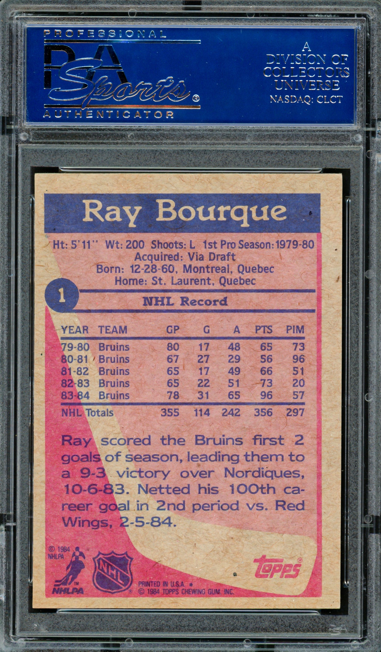 Ray Bourque Autographed 1984-85 Topps Card #1 Boston Bruins PSA/DNA #83109656