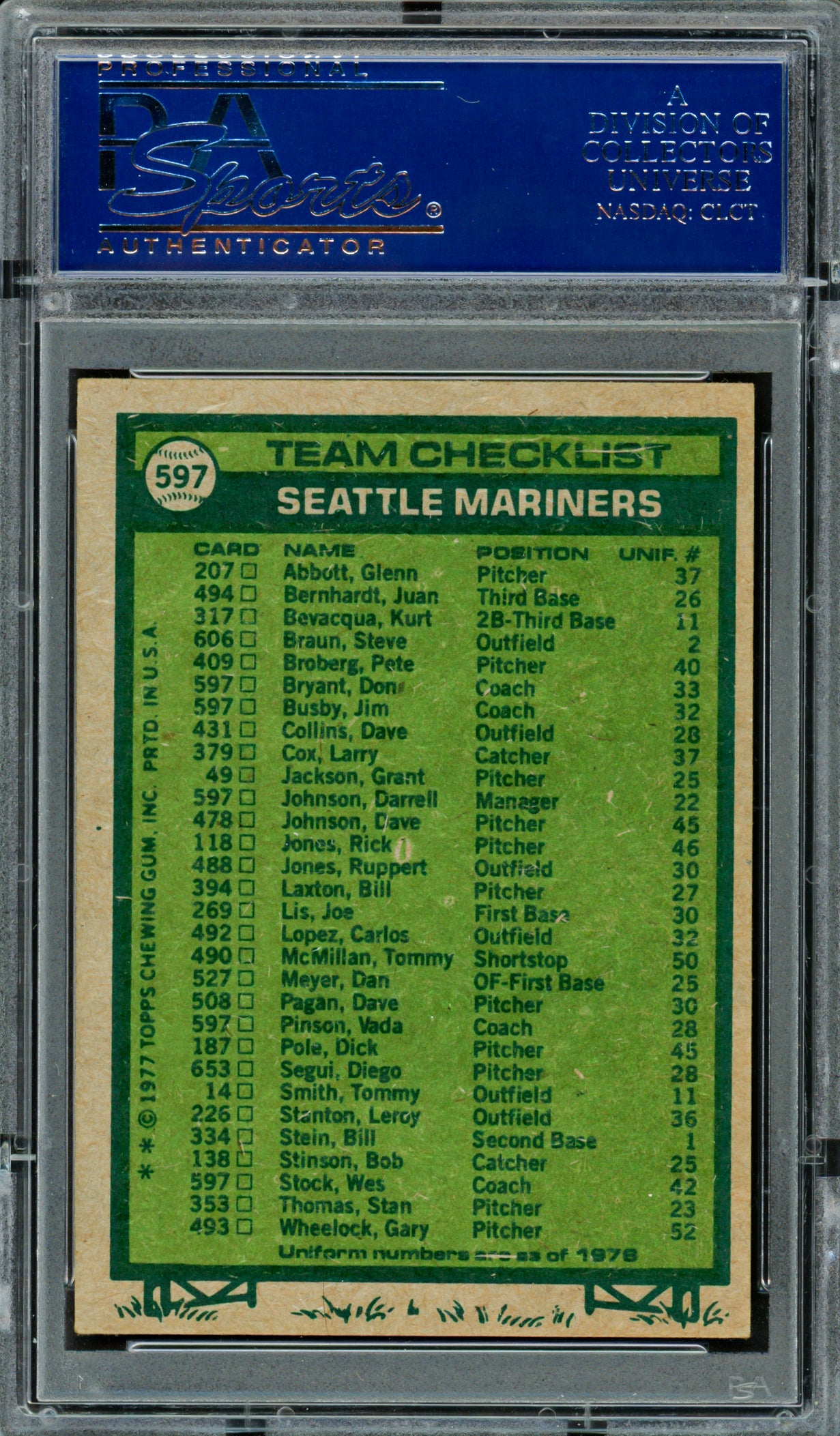 Mariner Coaches Autographed 1977 Topps Card #597 Seattle Mariners Signed By All 5 PSA/DNA #83300201