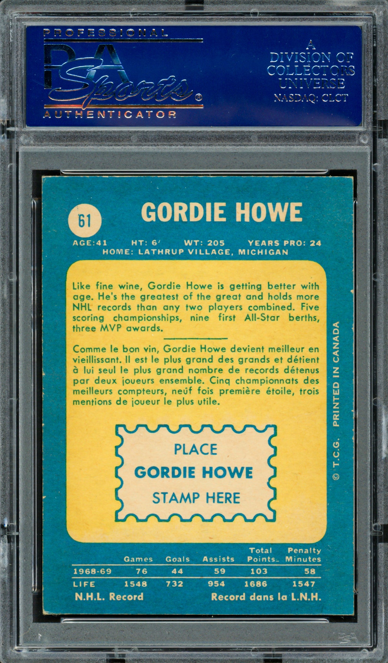 Gordie Howe Autographed 1969-70 O-Pee-Chee Card #61 Detroit Red Wings PSA/DNA #83300633