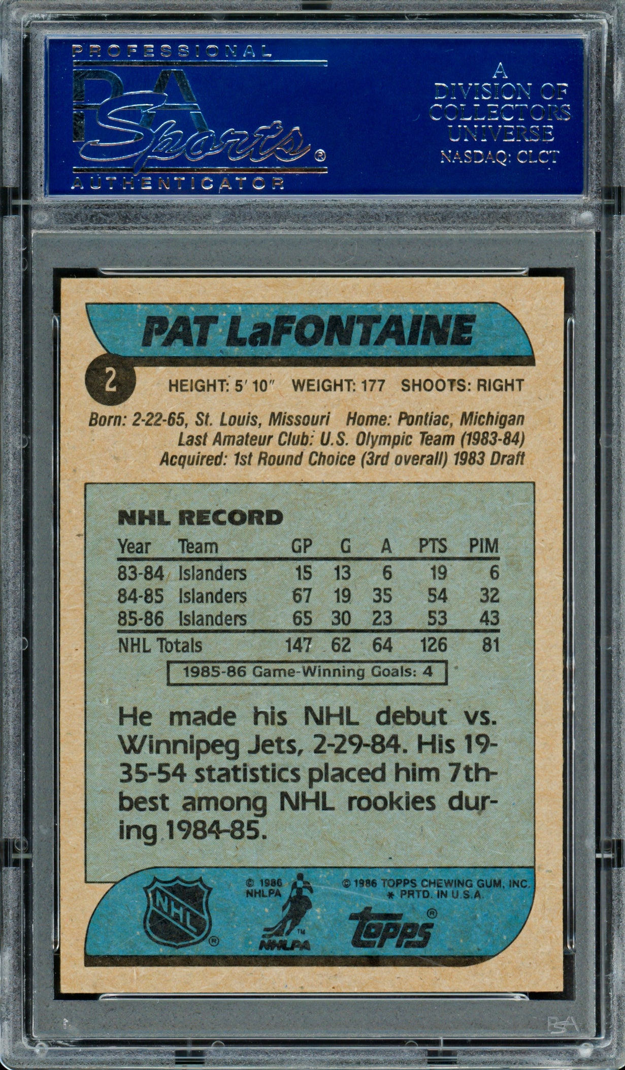 Pat LaFontaine Autographed 1986-87 Topps Card #2 New York Islanders PSA/DNA #83469077