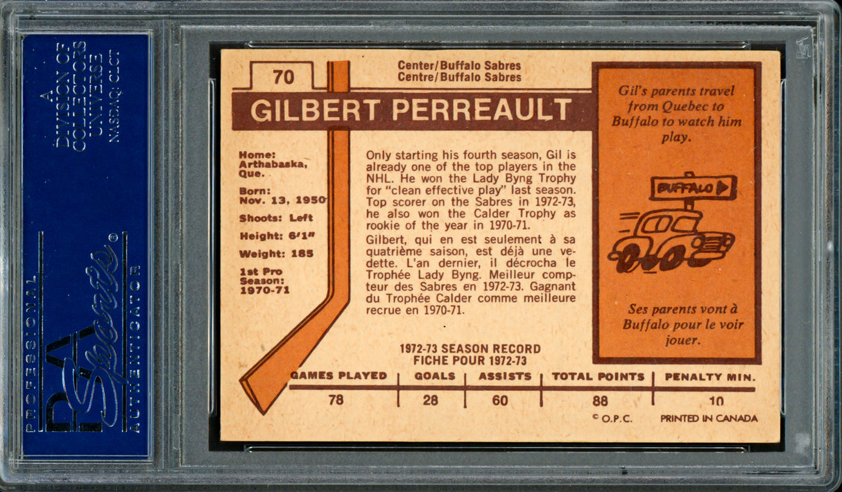 Gil Gilbert Perreault Autographed 1973-74 O-Pee-Chee Card #70 Buffalo Sabres PSA/DNA #83470017