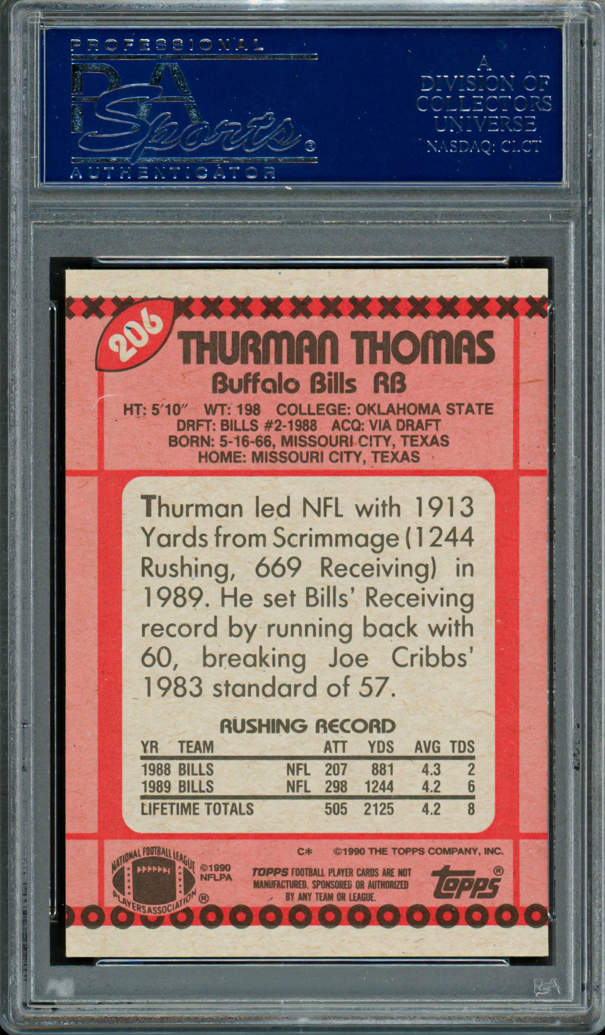 Thurman Thomas Autographed 1990 Topps Card #206 Buffalo Bills PSA/DNA #83469766