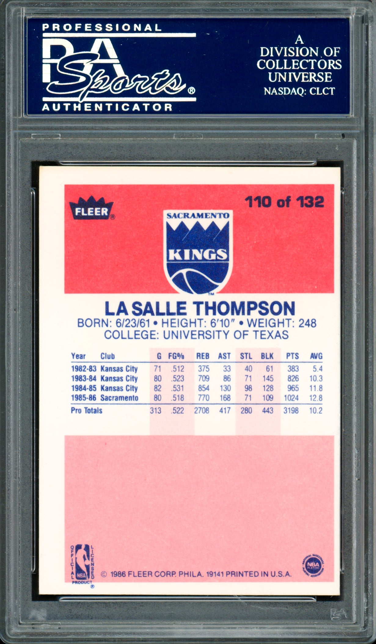 LaSalle Thompson Autographed 1986-87 Fleer Card #110 Sacramento Kings PSA/DNA #83717100