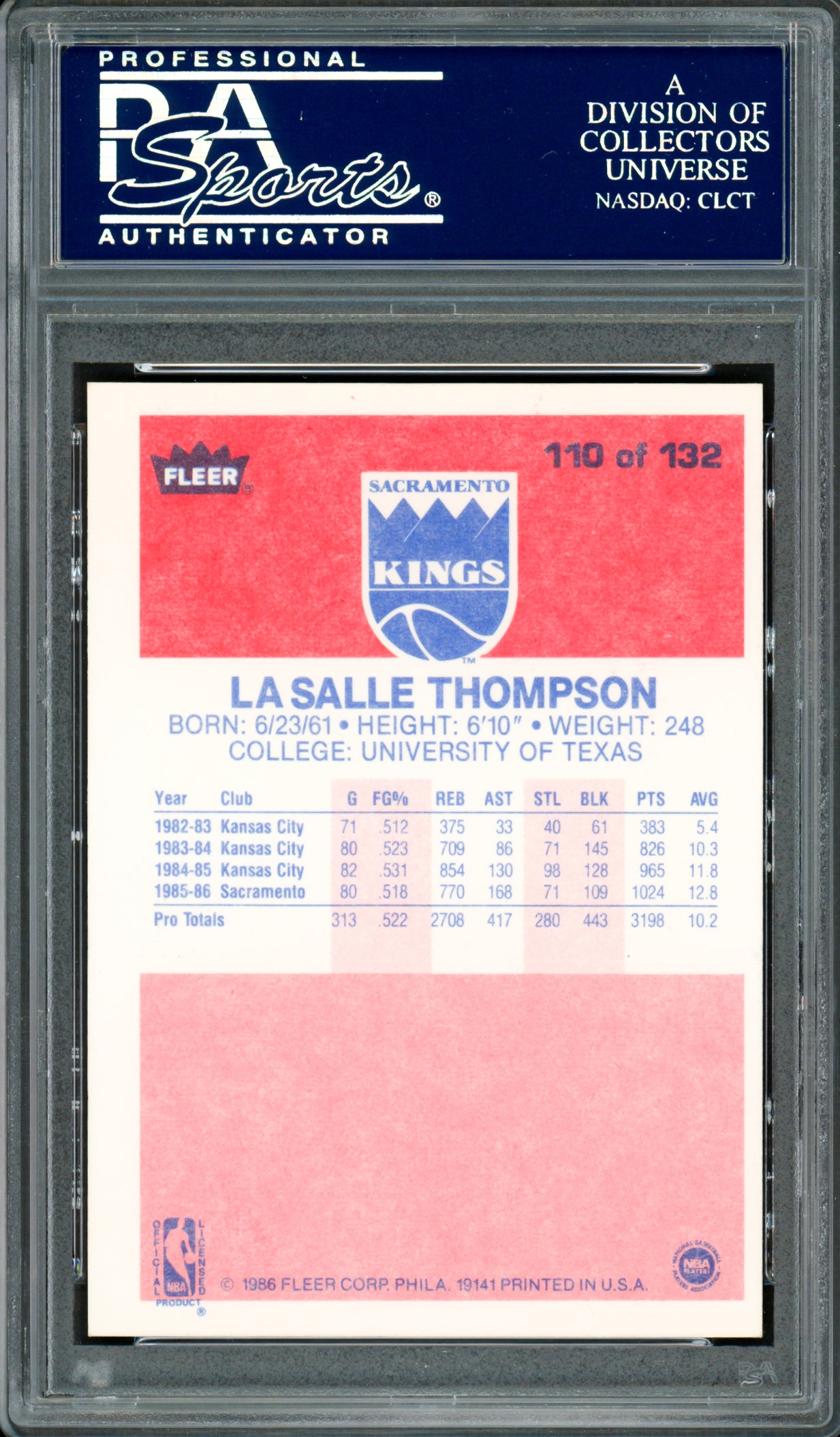 LaSalle Thompson Autographed 1986-87 Fleer Card #110 Sacramento Kings PSA/DNA #83717096