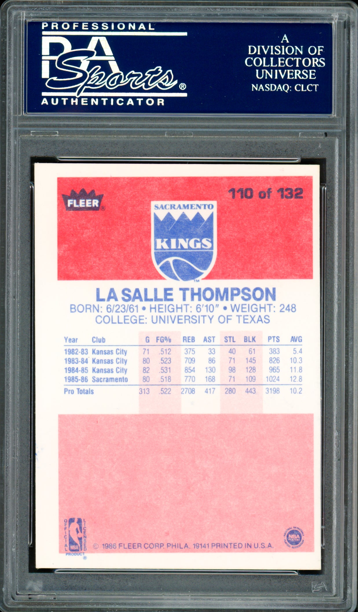 LaSalle Thompson Autographed 1986-87 Fleer Card #110 Sacramento Kings PSA/DNA #83717094