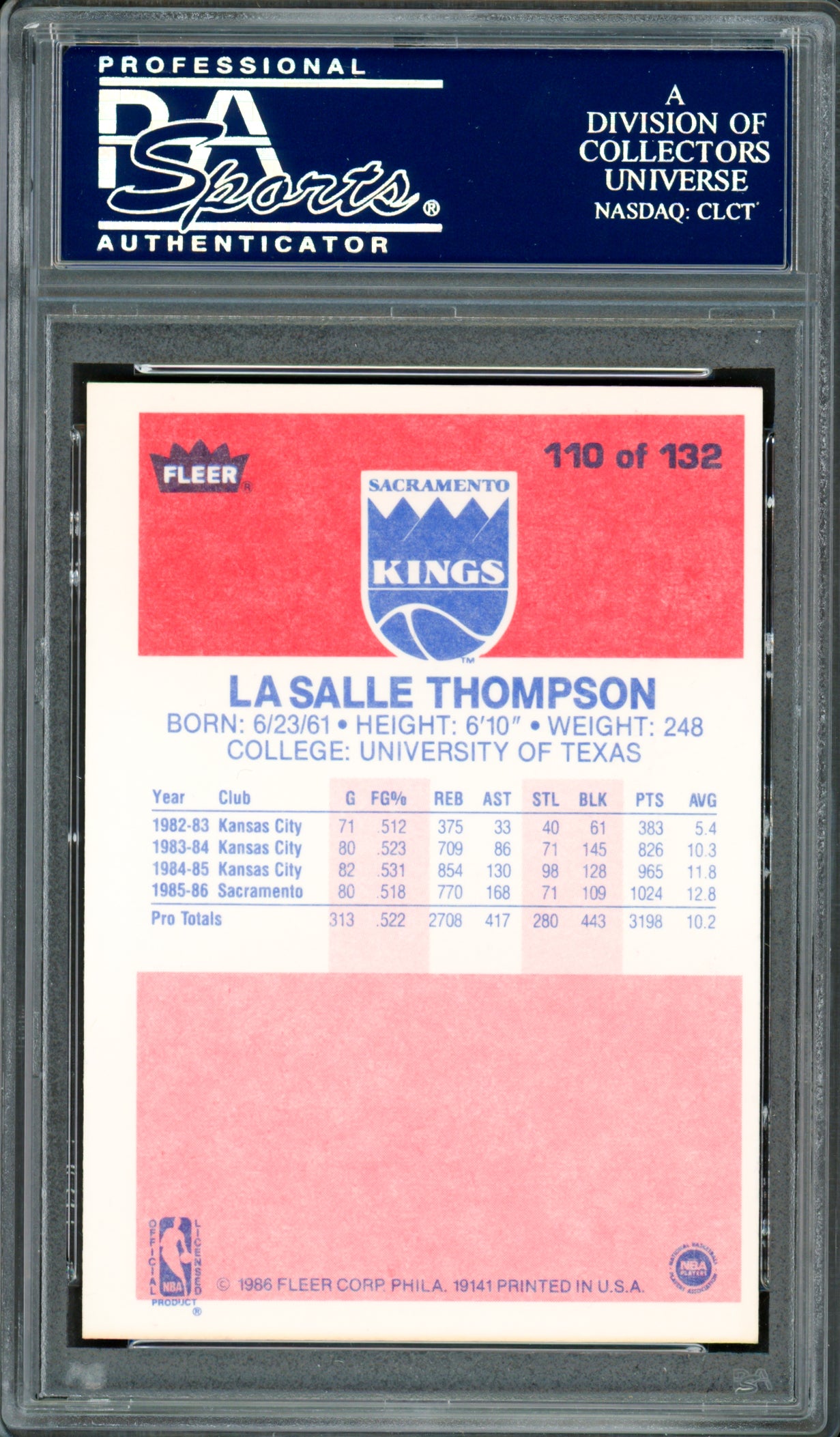 LaSalle Thompson Autographed 1986-87 Fleer Card #110 Sacramento Kings PSA/DNA #83717092