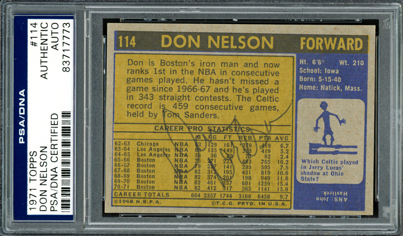Don Nelson Autographed 1971-72 Topps Card #114 Boston Celtics (Signed On Back) PSA/DNA #83717773