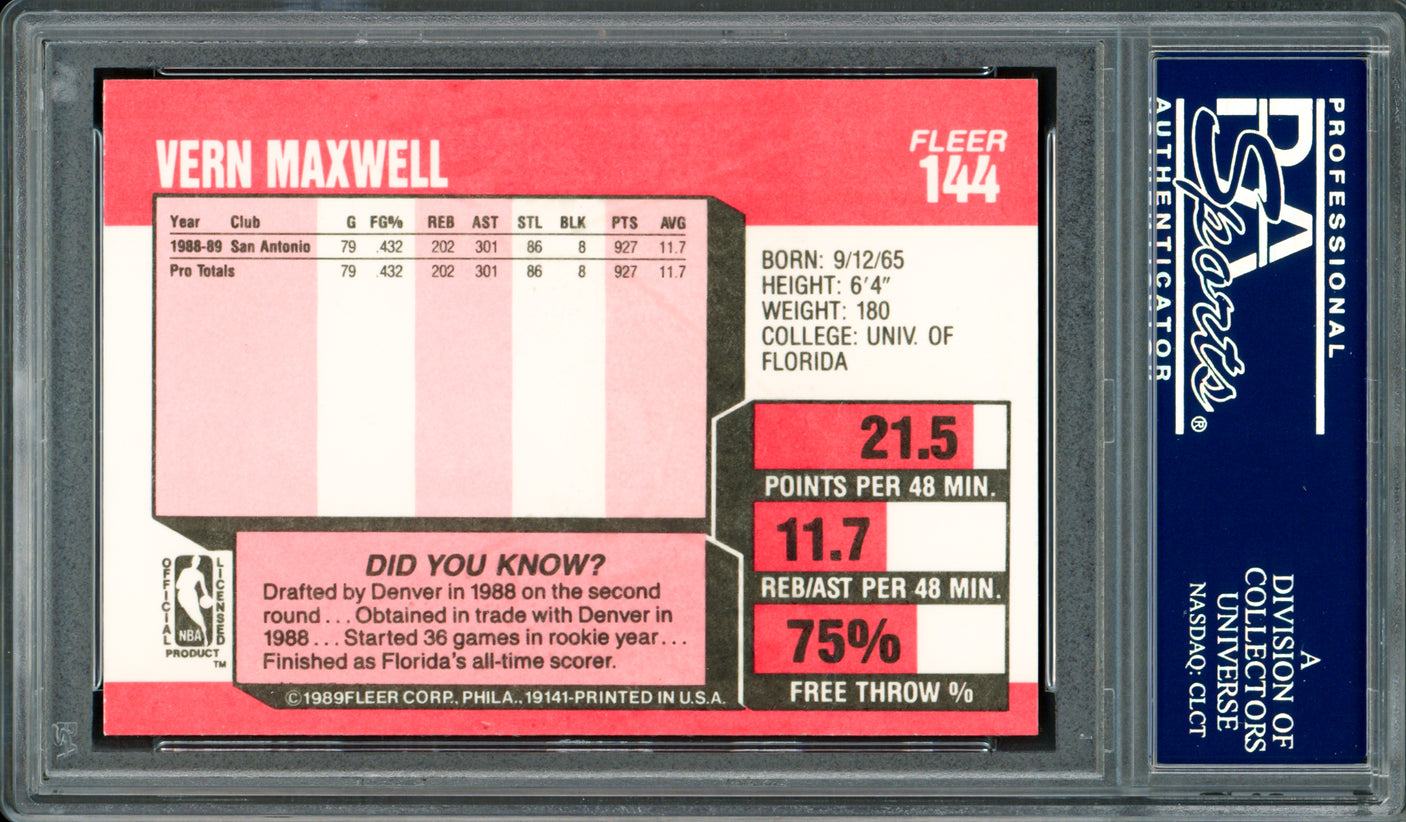 Vernon Maxwell Autographed 1989-90 Fleer Rookie Card #144 San Antonio Spurs PSA/DNA #83717617
