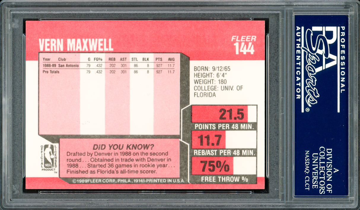Vernon Maxwell Autographed 1989-90 Fleer Rookie Card #144 San Antonio Spurs PSA/DNA #83717618