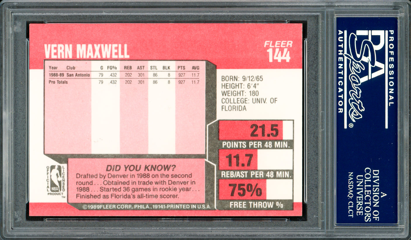 Vernon Maxwell Autographed 1989-90 Fleer Rookie Card #144 San Antonio Spurs PSA/DNA #83717618