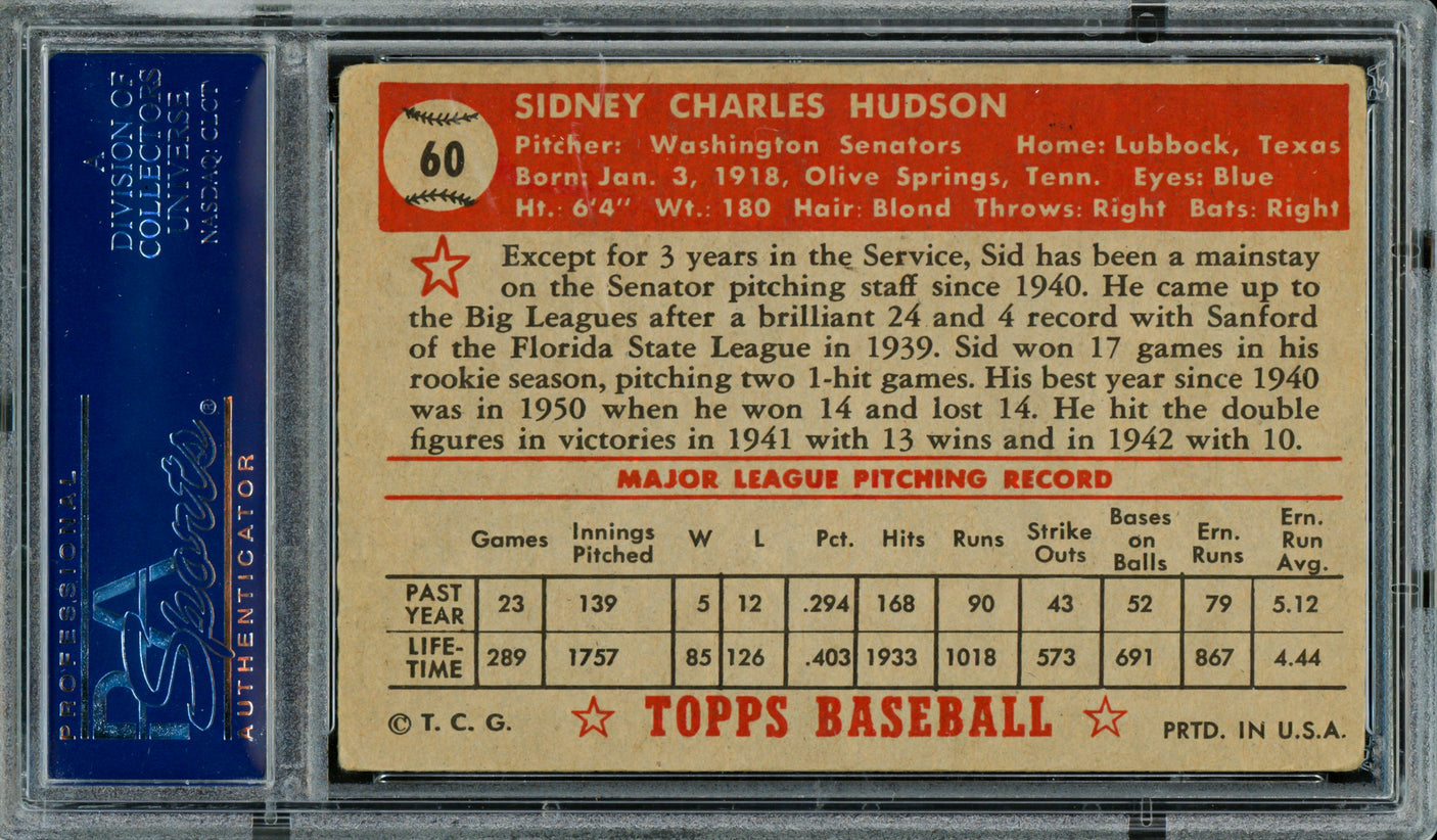 Sid Hudson Autographed 1952 Topps Card #60 Washington Senators PSA/DNA #83313463