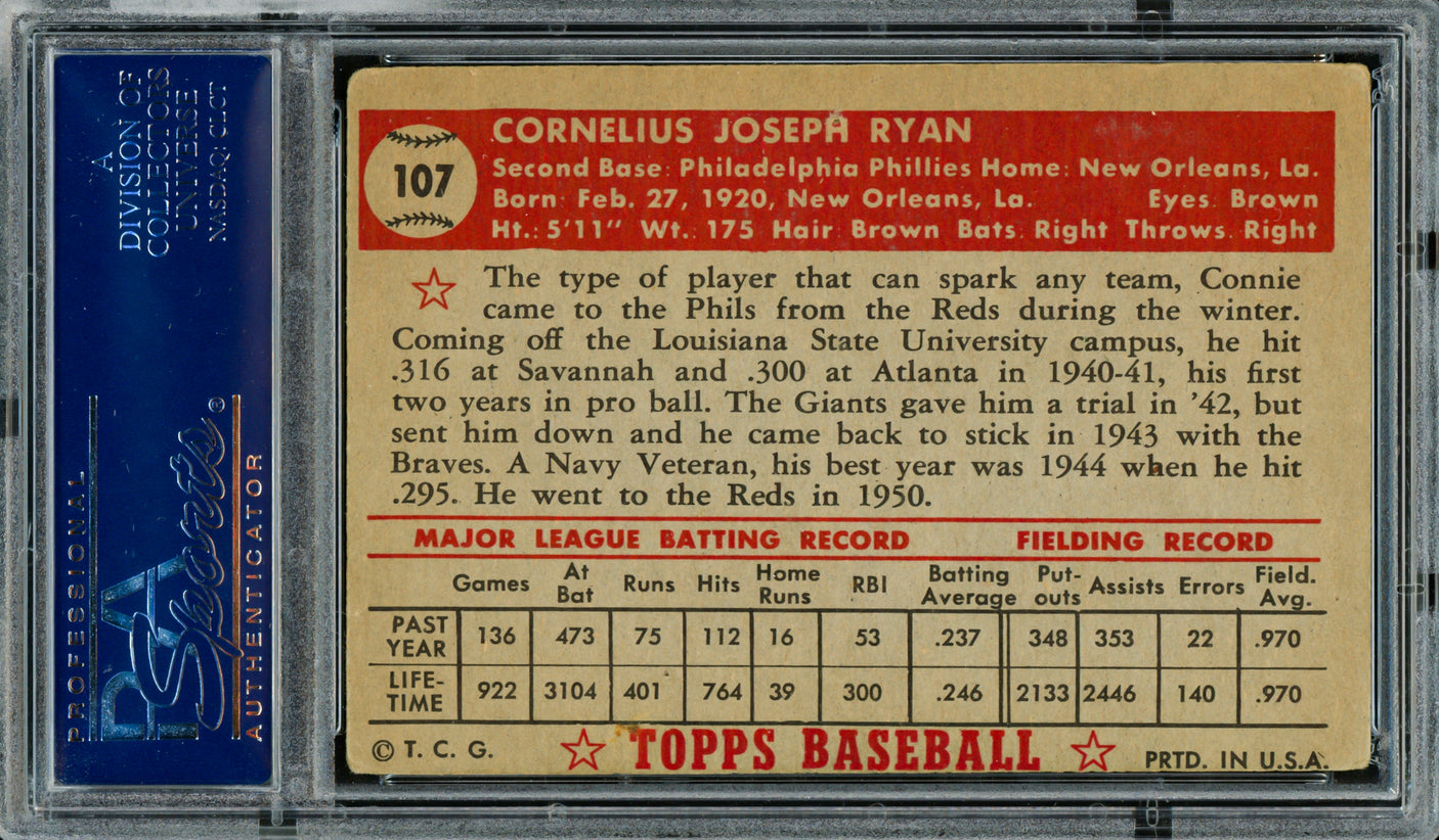 Connie Ryan Autographed 1952 Topps Card #107 Philadelphia Phillies PSA/DNA #83313468