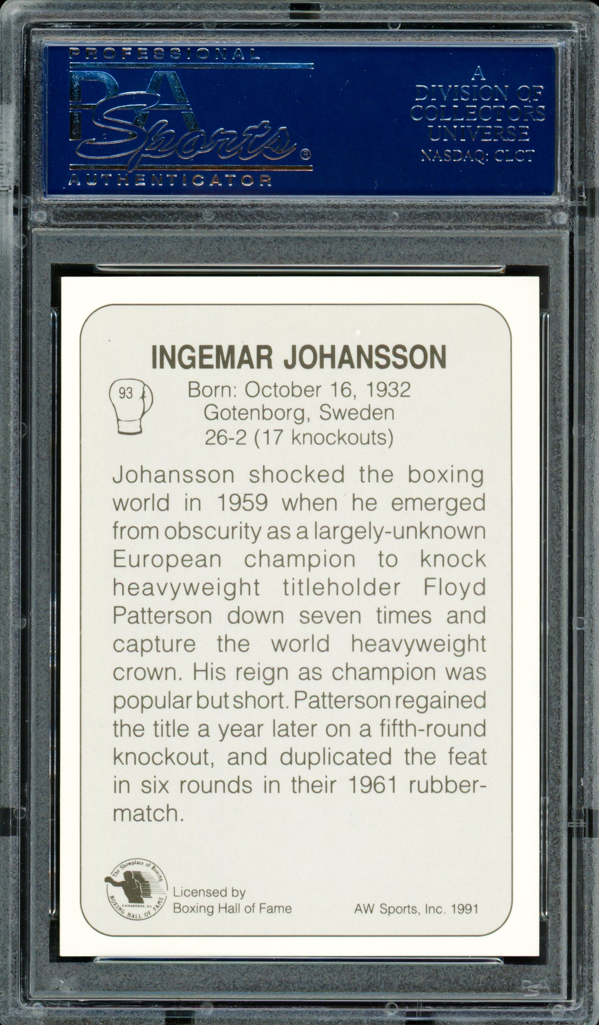 Ingemar Johansson Autographed 1991 AW Sports Card #93 PSA/DNA #83314025
