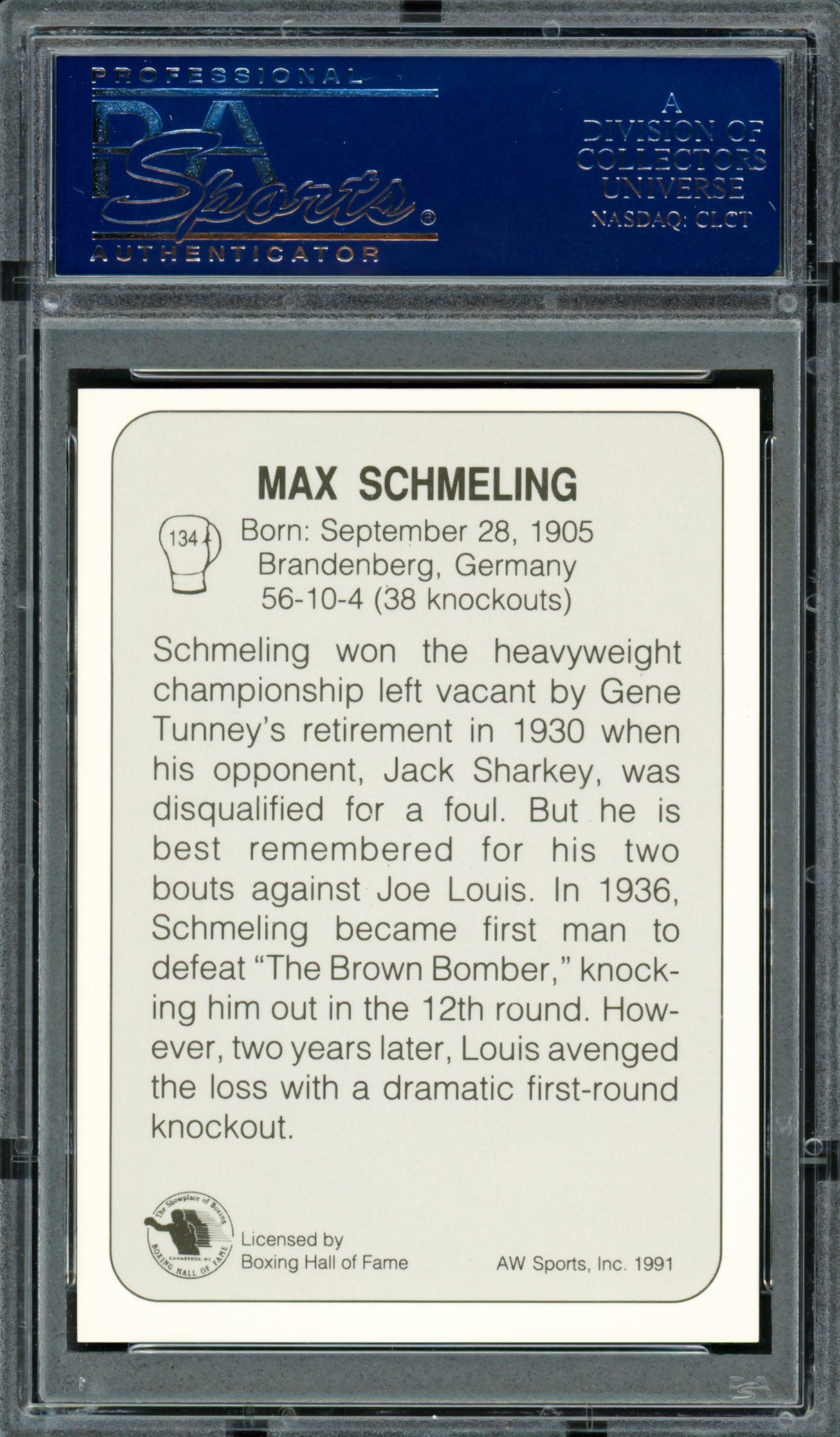 Max Schmeling Autographed 1991 AW Sports Card #134 PSA/DNA #83314039