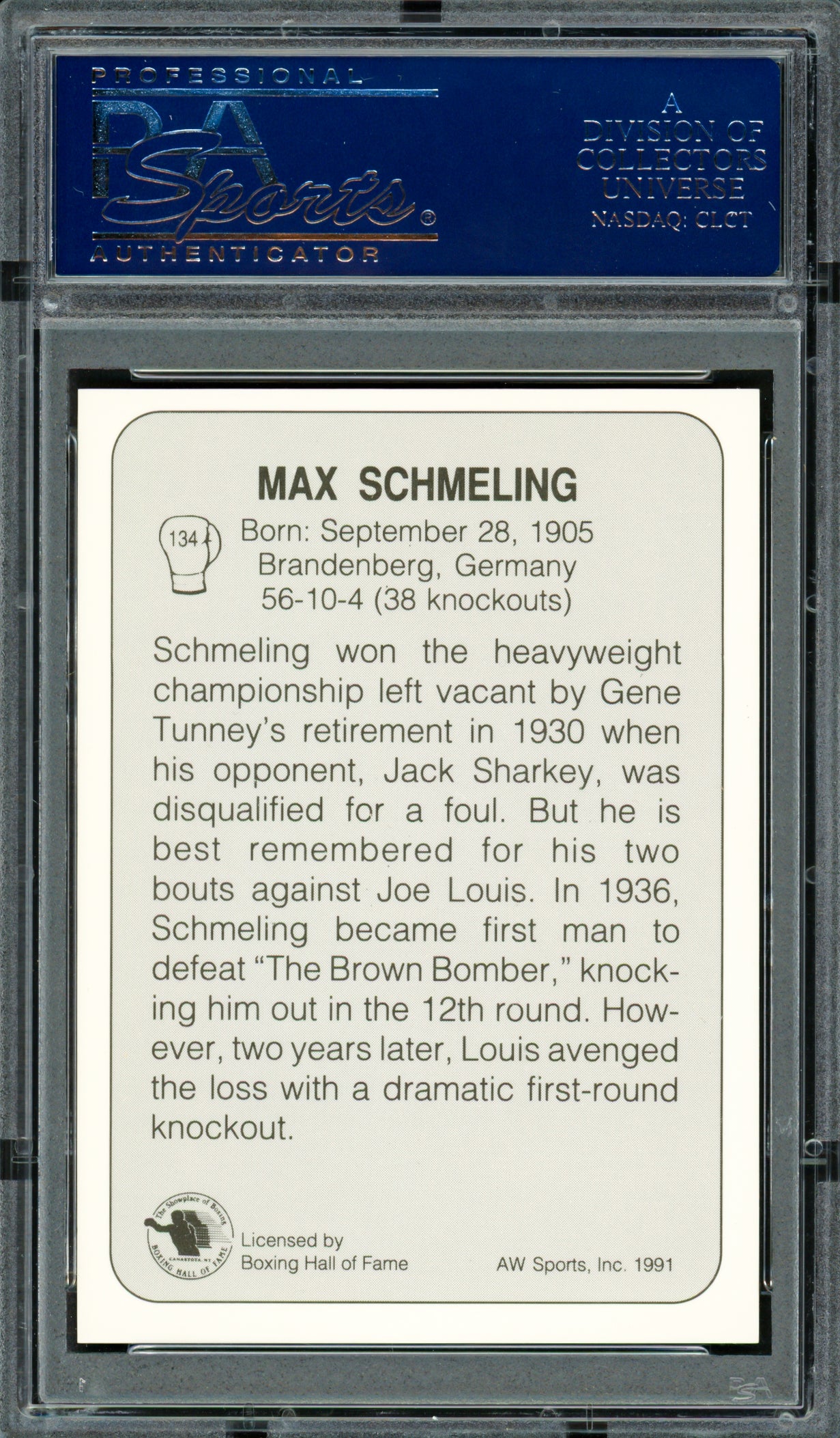 Max Schmeling Autographed 1991 AW Sports Card #134 PSA/DNA #83314039