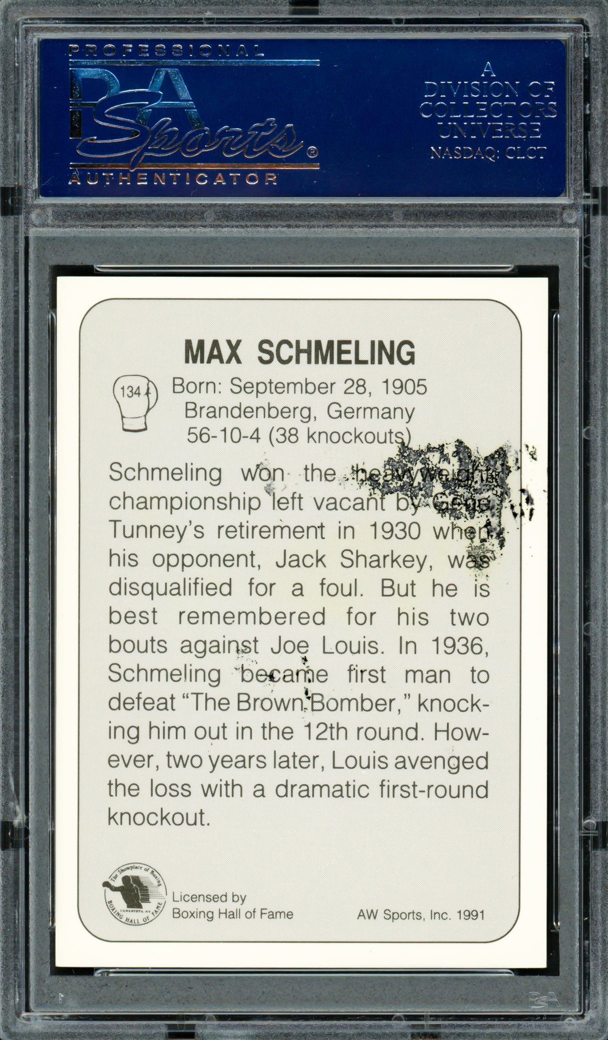 Max Schmeling Autographed 1991 AW Sports Card #134 (Smudged) PSA/DNA #83314055