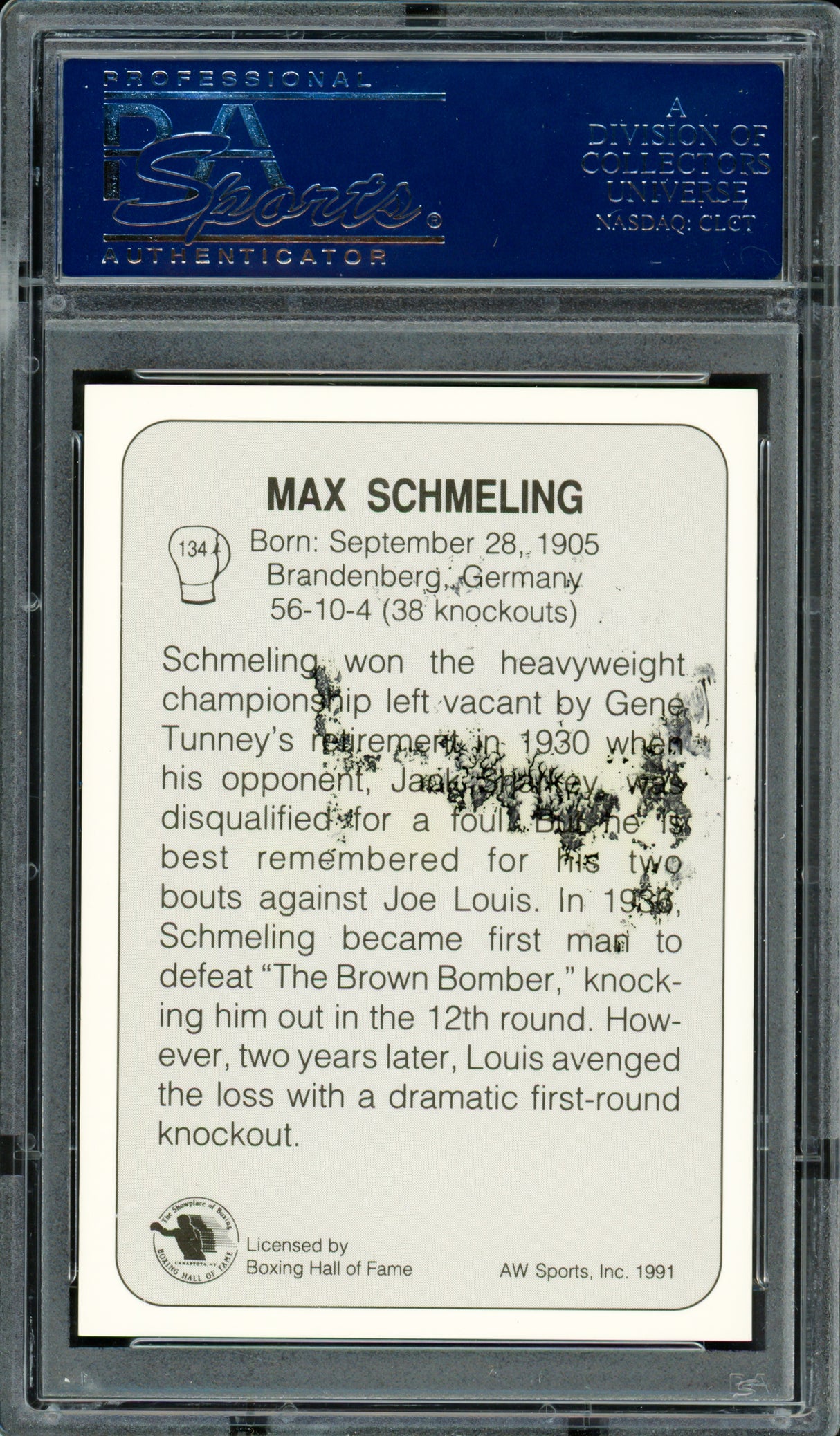 Max Schmeling Autographed 1991 AW Sports Card #134 (Smudged) PSA/DNA #83314048