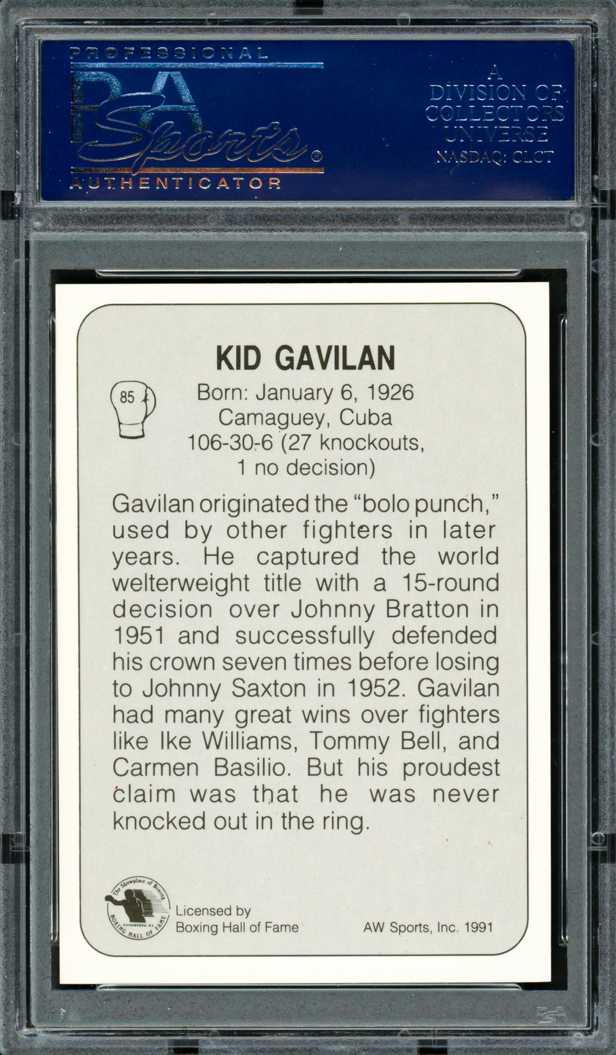 Kid Gavilan Autographed 1991 AW Sports Card #85 PSA/DNA #83314241