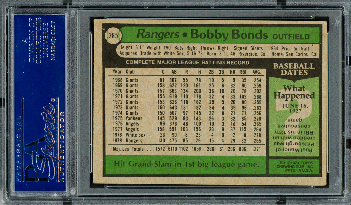 Bobby Bonds Autographed 1979 Topps Card #285 Texas Rangers PSA/DNA #83319300