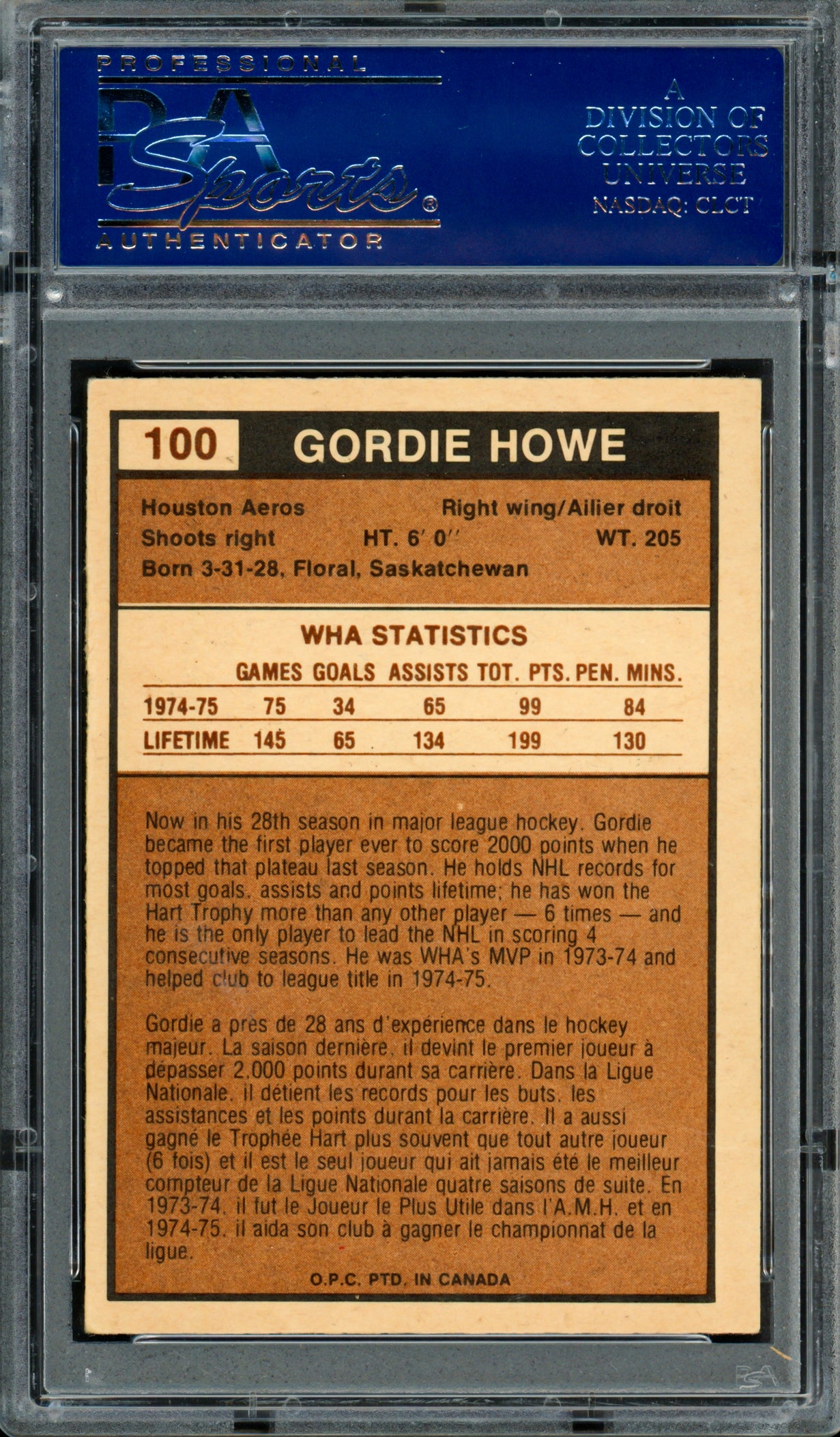 Gordie Howe Autographed 1975-76 O-Pee-Chee WHA Card #100 Houston Aeros PSA/DNA #83300677
