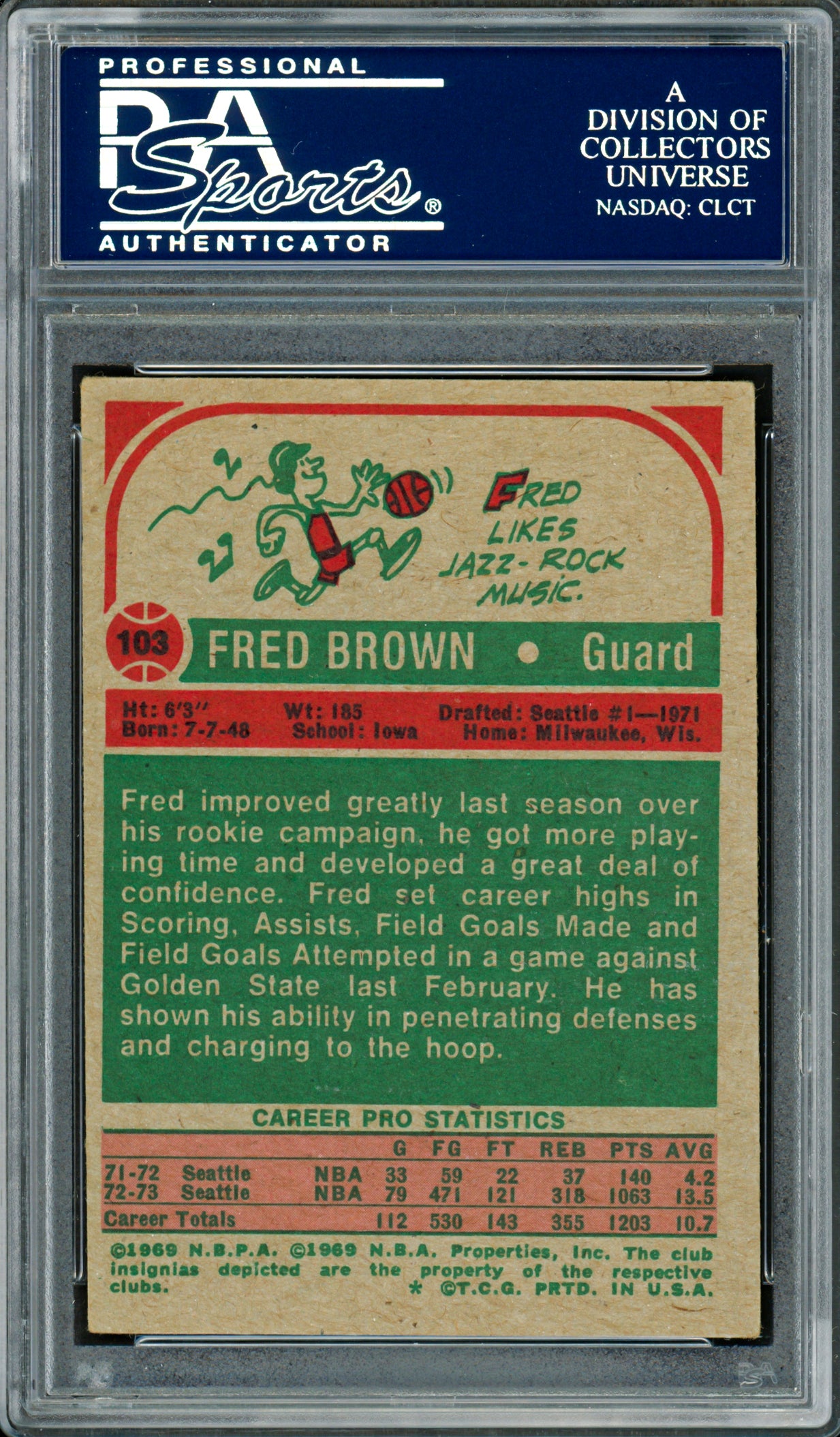 Downtown Fred Brown Autographed 1973-74 Topps Rookie Card #103 Seattle Supersonics PSA/DNA #83920777