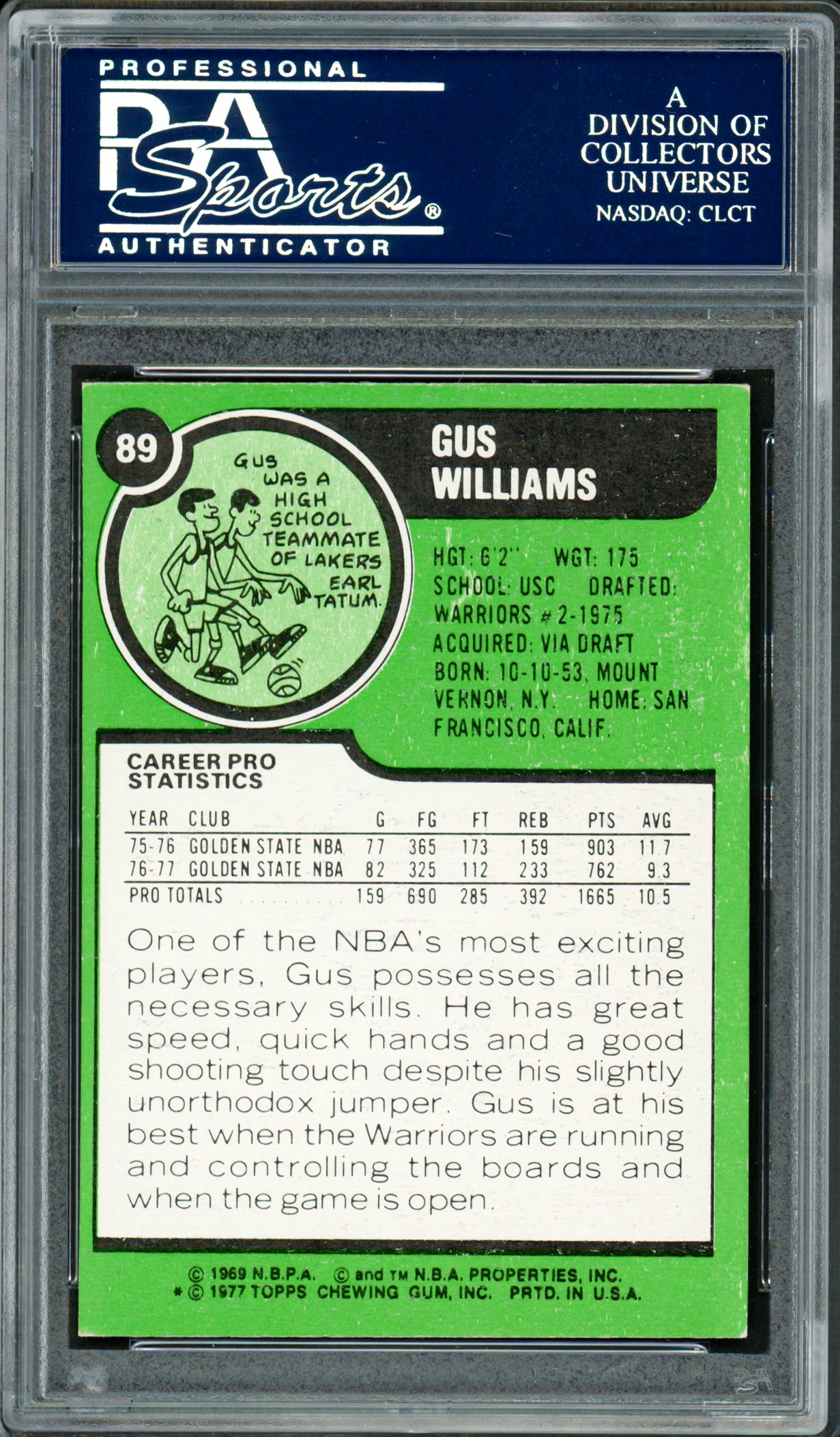 Gus Williams Autographed 1977-78 Topps Card #89 Golden State Warriors PSA/DNA #83920813