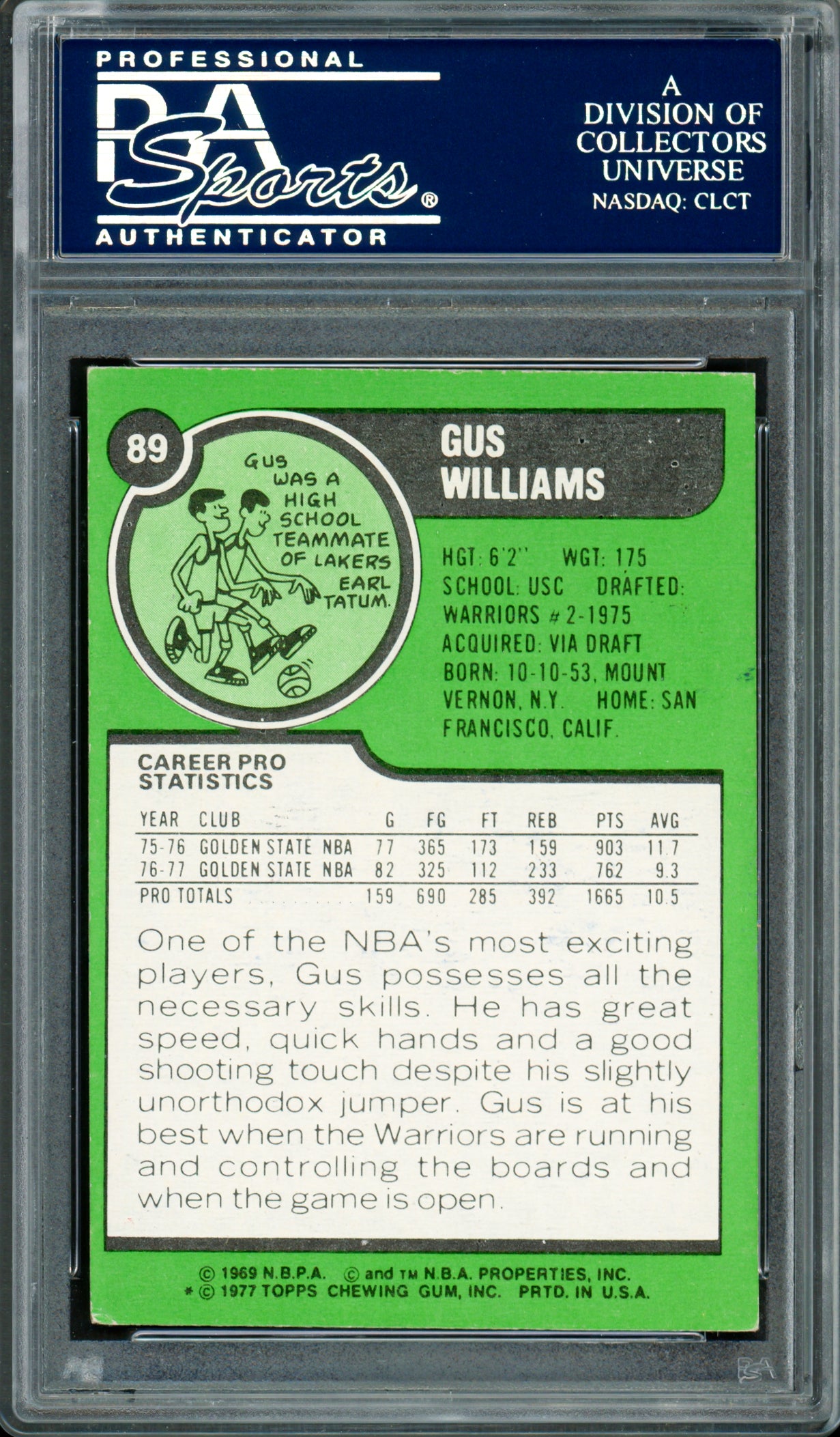 Gus Williams Autographed 1977-78 Topps Card #89 Golden State Warriors PSA/DNA #83920814