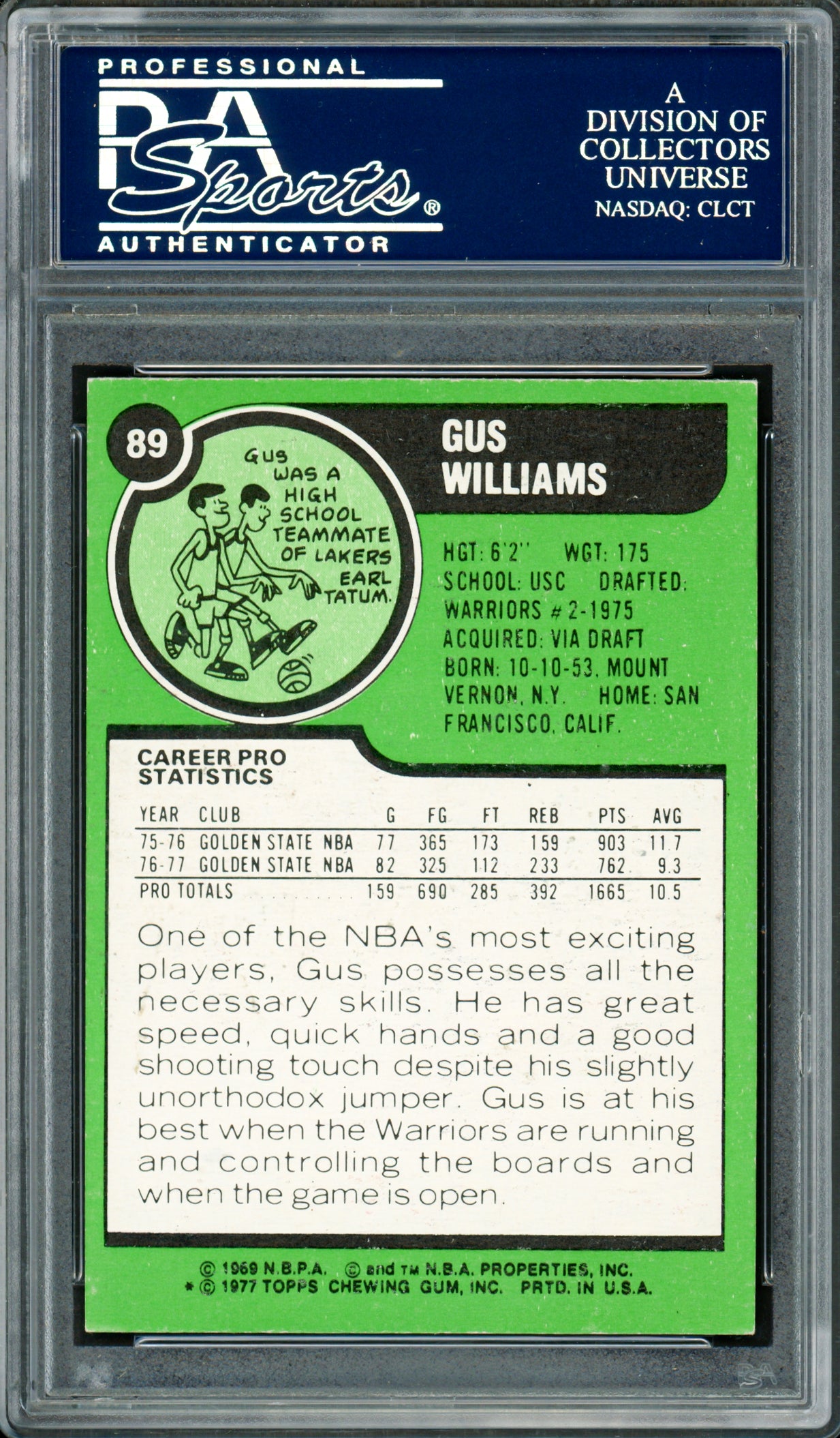 Gus Williams Autographed 1977-78 Topps Card #89 Golden State Warriors PSA/DNA #83920815