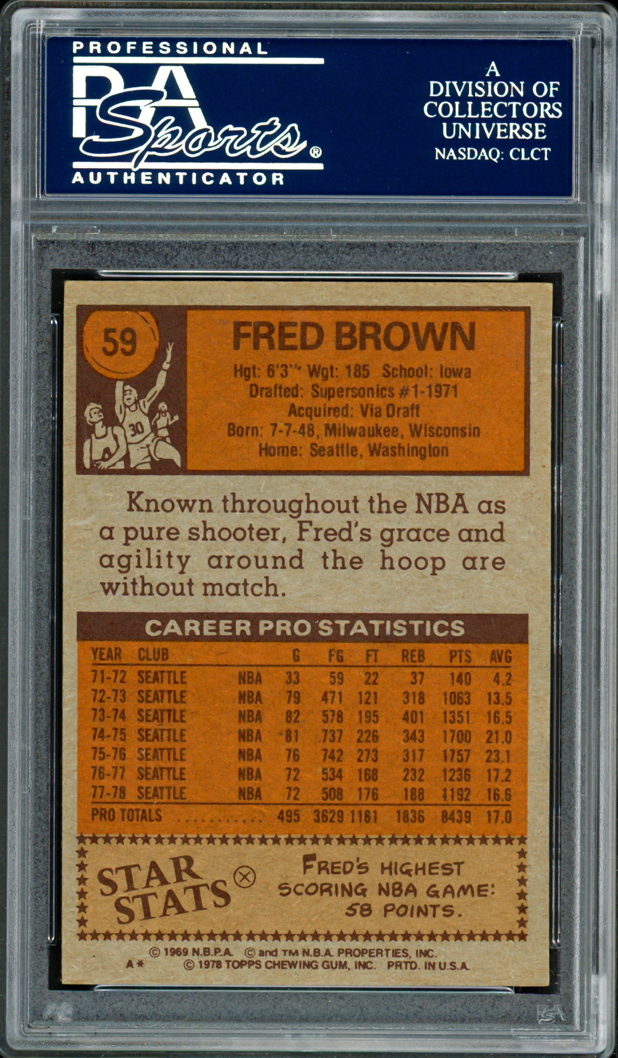 Downtown Fred Brown Autographed 1978-79 Topps Card #59 Seattle Supersonics PSA/DNA #83920997