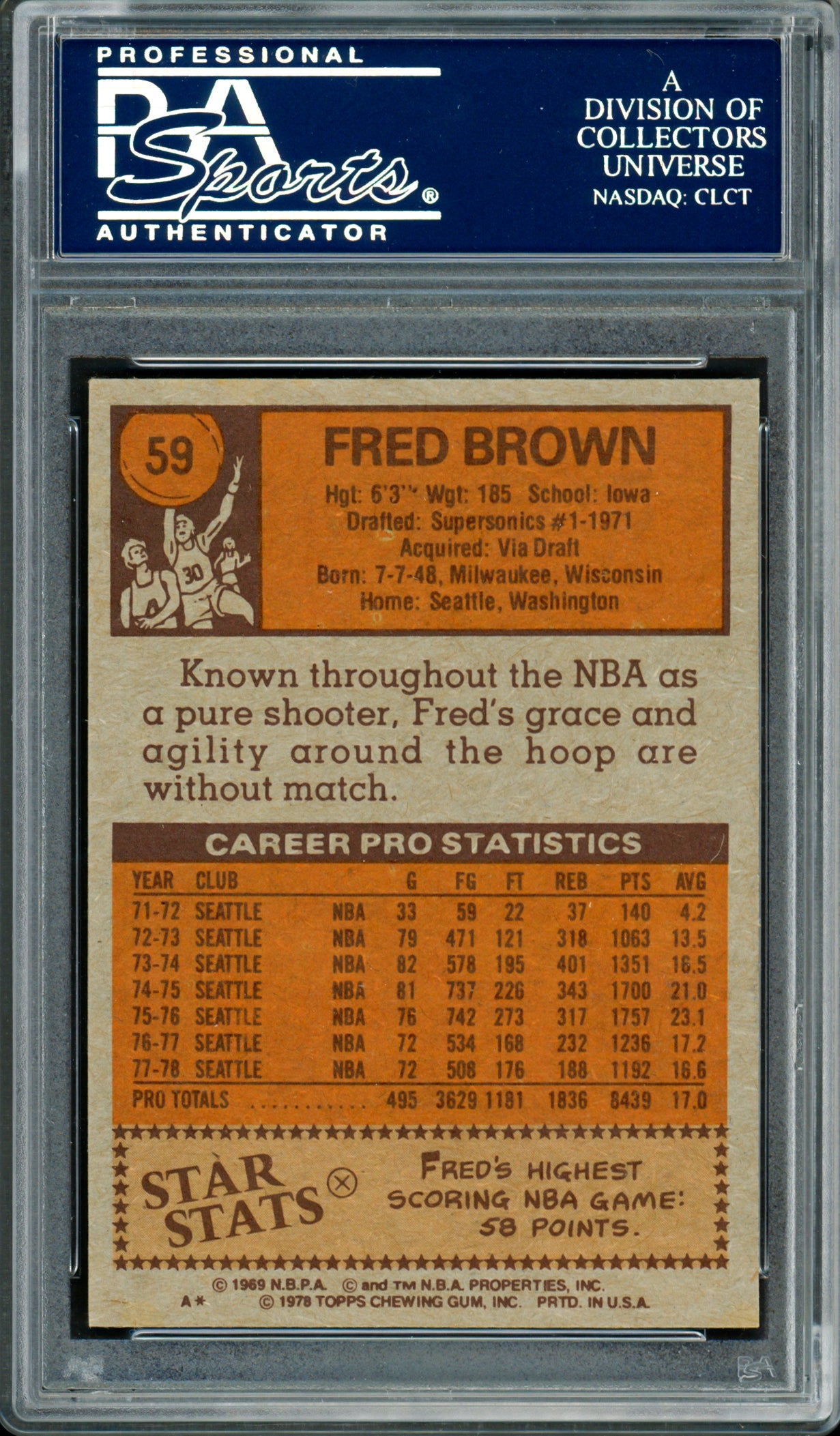 Downtown Fred Brown Autographed 1978-79 Topps Card #59 Seattle Supersonics PSA/DNA #83920999