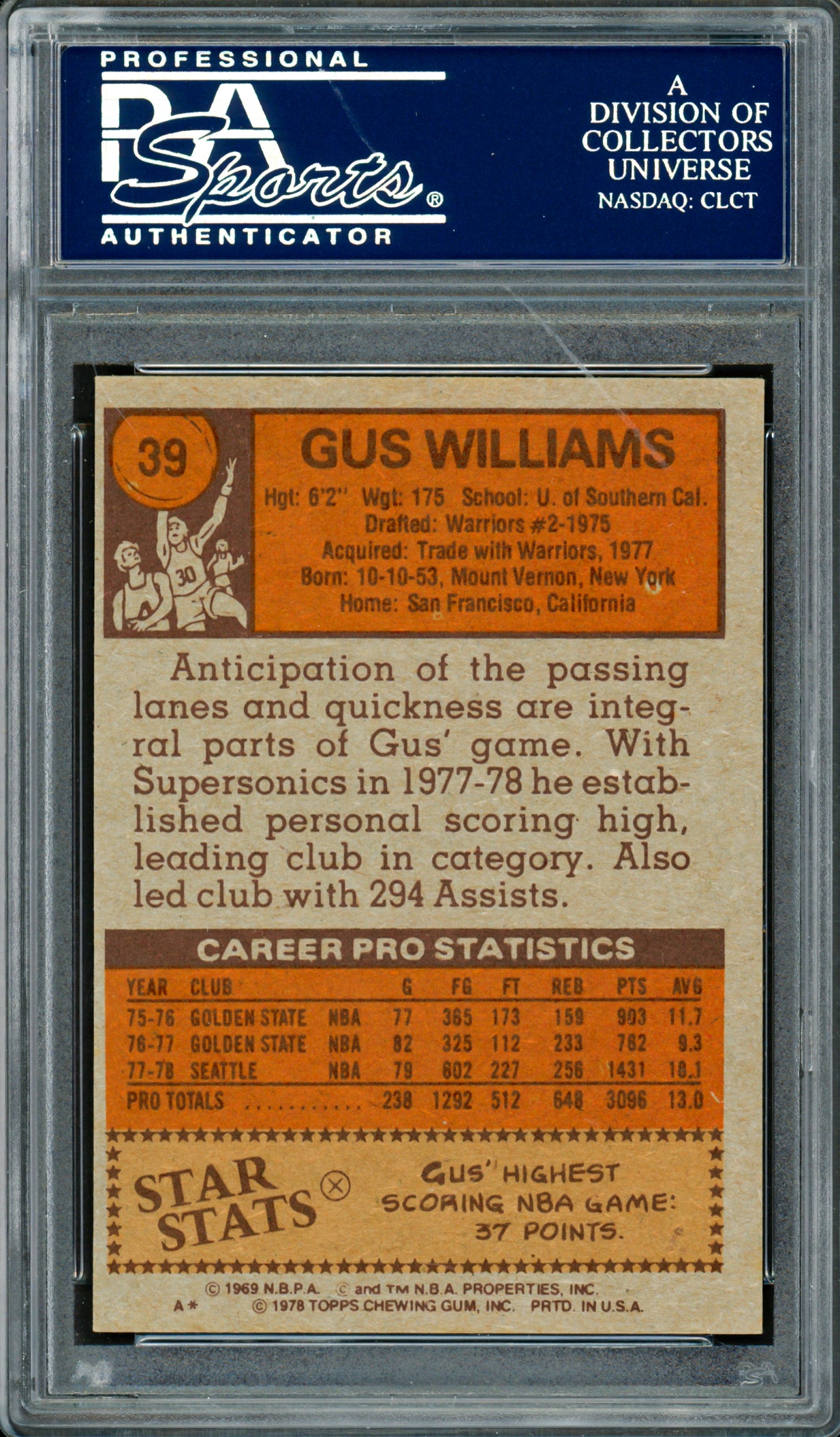 Gus Williams Autographed 1978-79 Topps Card #39 Seattle Supersonics PSA/DNA #83921006