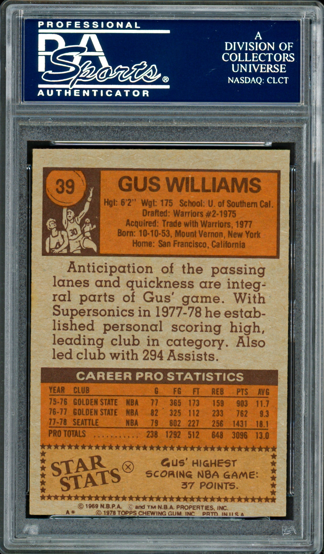 Gus Williams Autographed 1978-79 Topps Card #39 Seattle Supersonics PSA/DNA #83921007