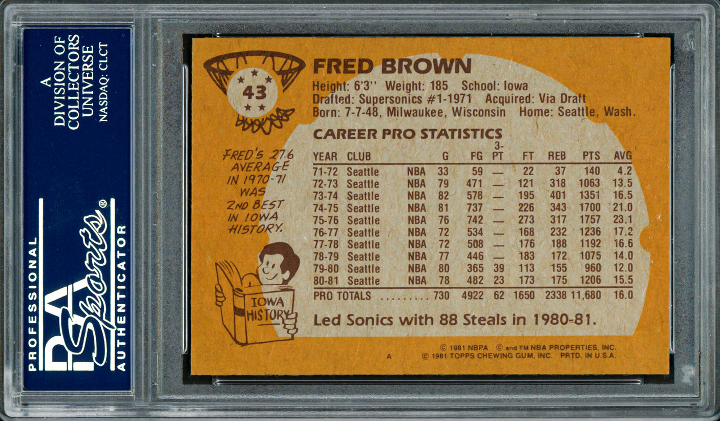 Downtown Fred Brown Autographed 1981-82 Topps Card #43 Seattle Supersonics PSA/DNA #83921045
