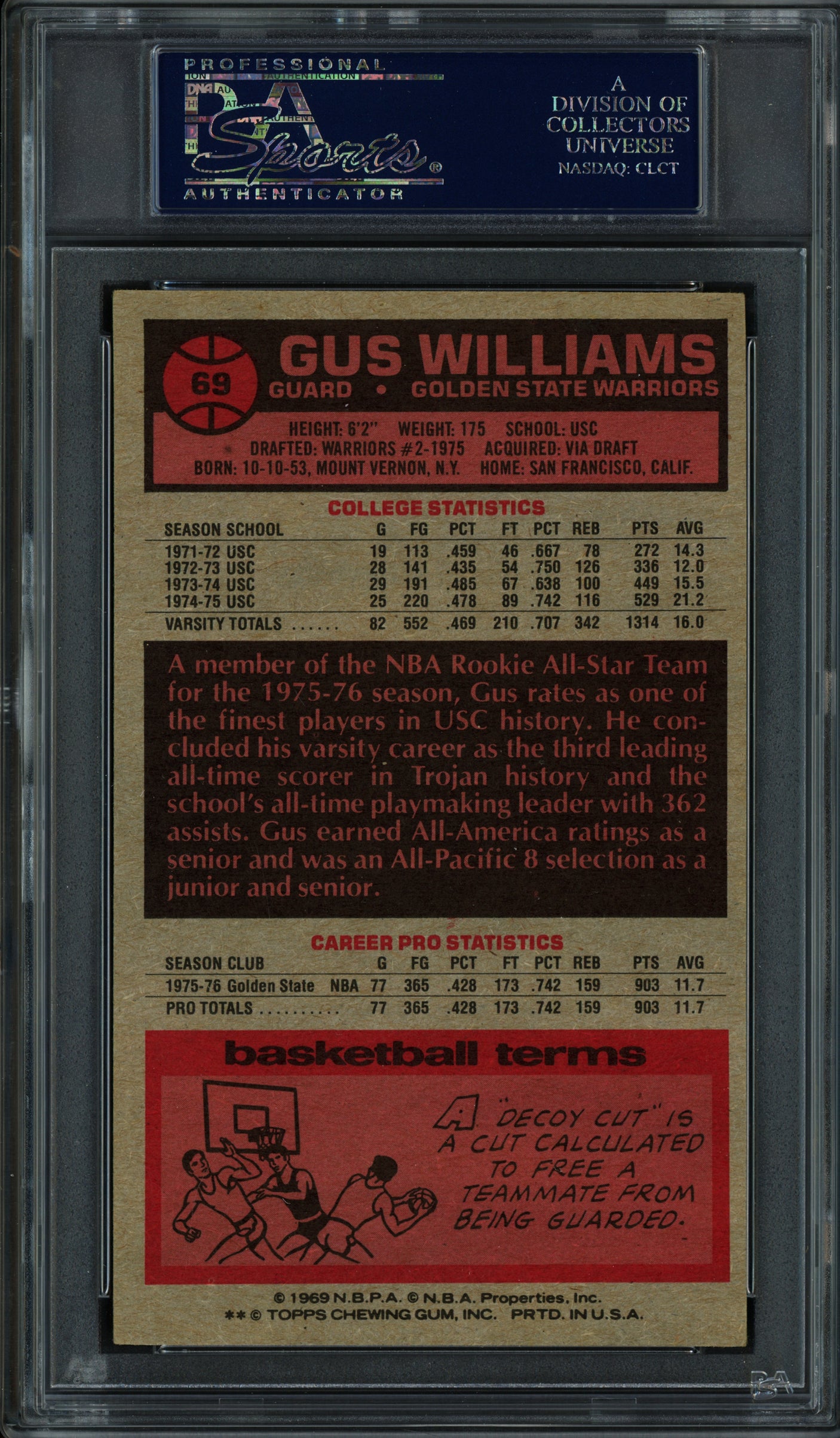 Gus Williams Autographed 1976-77 Topps Rookie Card #69 Golden State Warriors PSA/DNA #83921889
