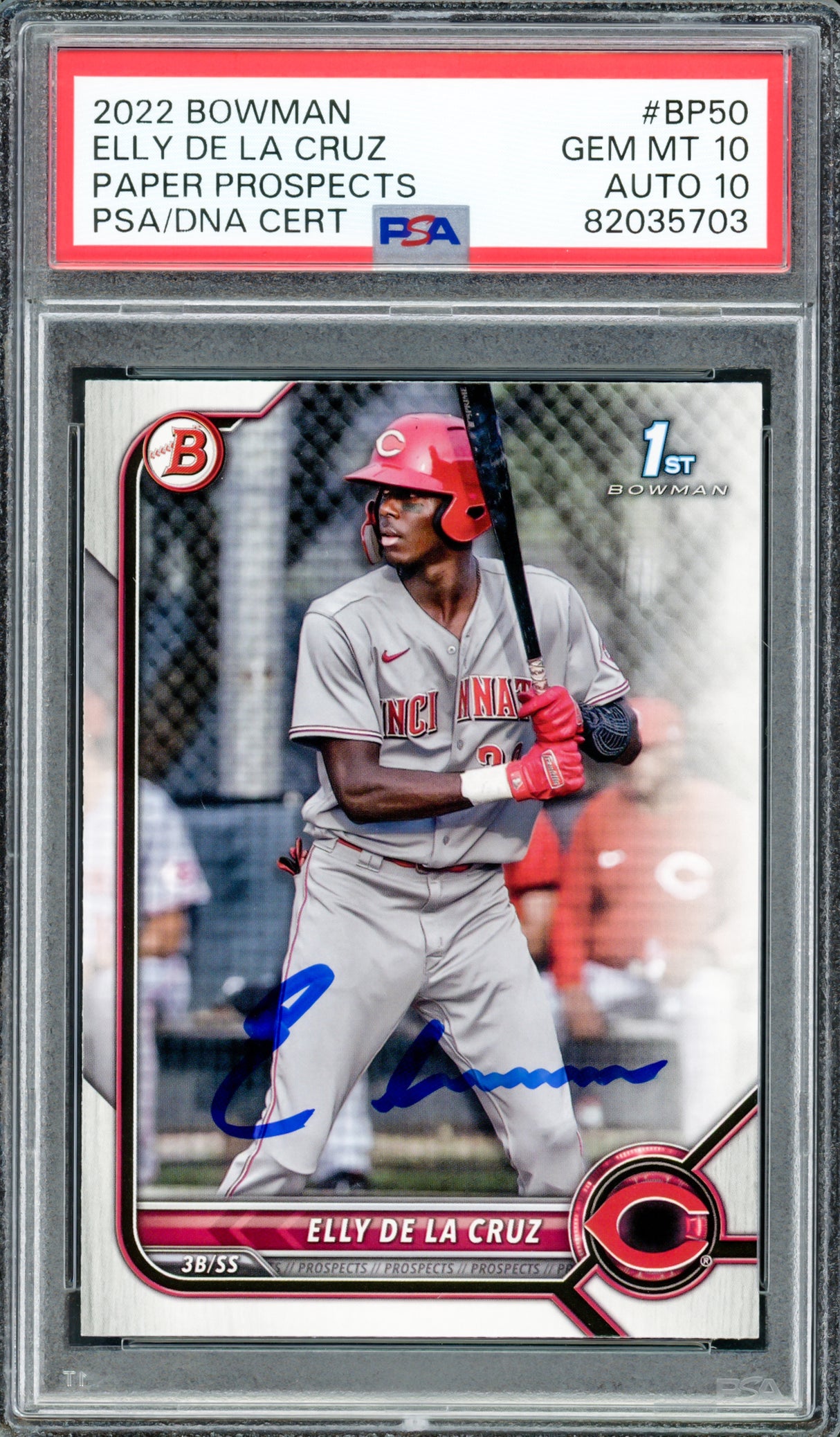 Elly De La Cruz Autographed 2022 1st Bowman Prospects Rookie Card #BP50 Cincinnati Reds PSA 10 Auto Grade Gem Mint 10 PSA/DNA #82035703