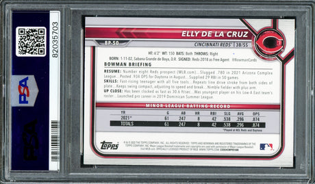 Elly De La Cruz Autographed 2022 1st Bowman Prospects Rookie Card #BP50 Cincinnati Reds PSA 10 Auto Grade Gem Mint 10 PSA/DNA #82035703
