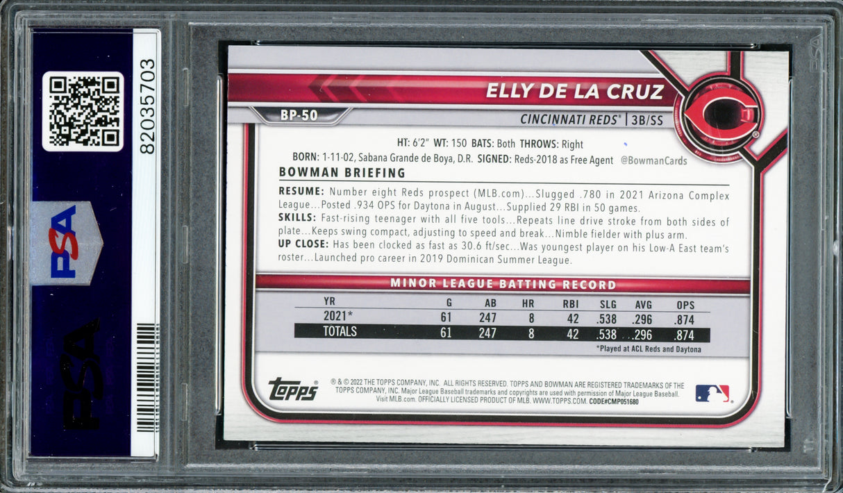 Elly De La Cruz Autographed 2022 1st Bowman Prospects Rookie Card #BP50 Cincinnati Reds PSA 10 Auto Grade Gem Mint 10 PSA/DNA #82035703