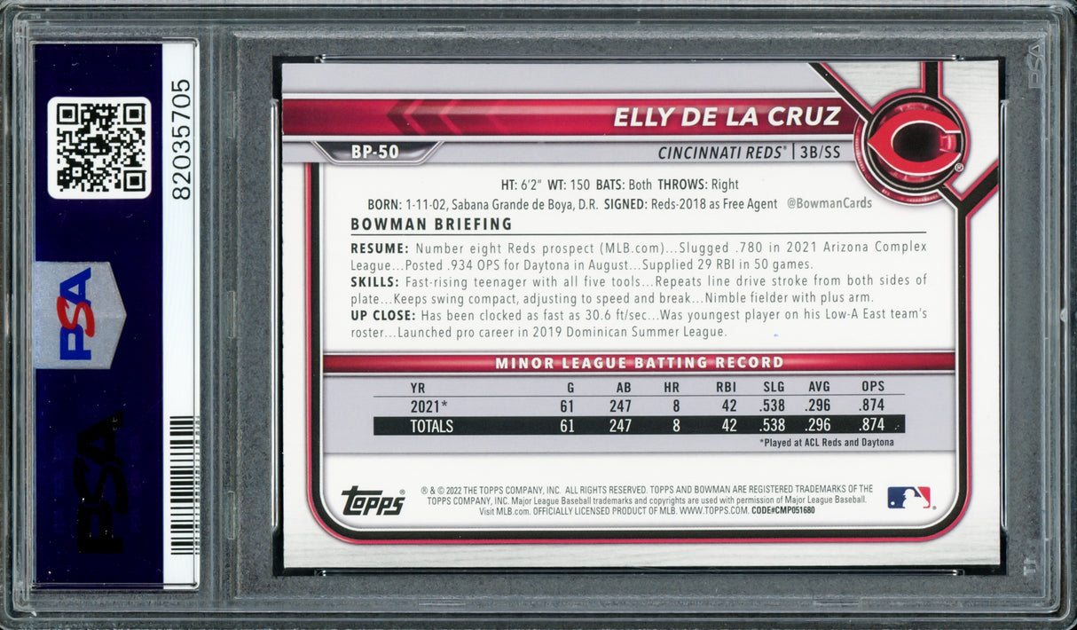 Elly De La Cruz Autographed 2022 1st Bowman Prospects Rookie Card #BP50 Cincinnati Reds PSA 10 Auto Grade Gem Mint 10 PSA/DNA #82035705