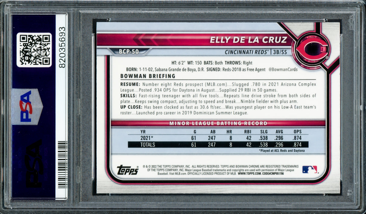 Elly De La Cruz Autographed 2022 1st Bowman Chrome Prospects Rookie Card #BCP50 Cincinnati Reds PSA 10 Auto Grade Gem Mint 10 "1st HR 6/7/23" PSA/DNA #82035693