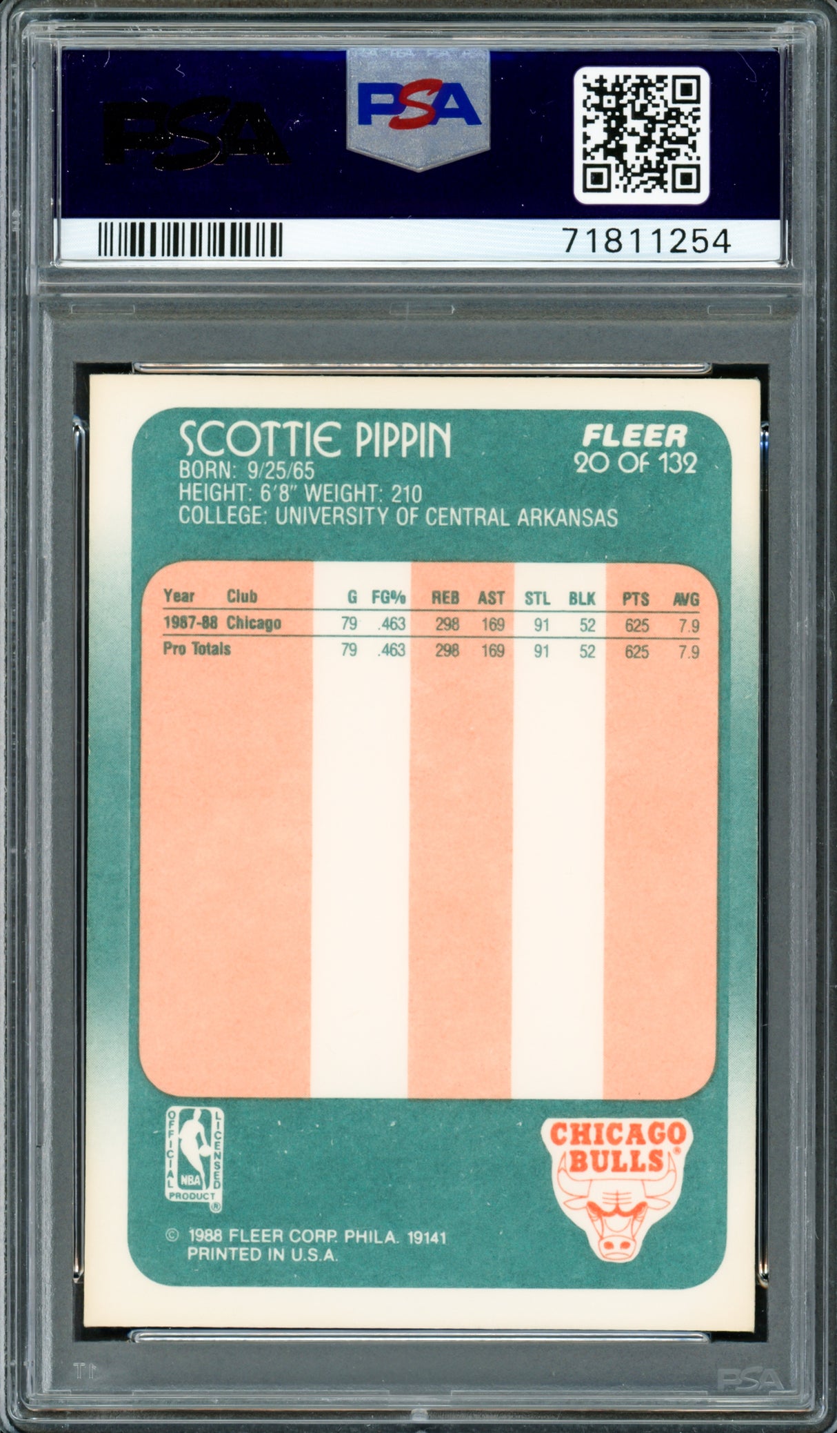 Scottie Pippen Autographed 1988-89 Fleer Rookie Card #20 Chicago Bulls Auto Grade Gem Mint 10 PSA/DNA #71811254
