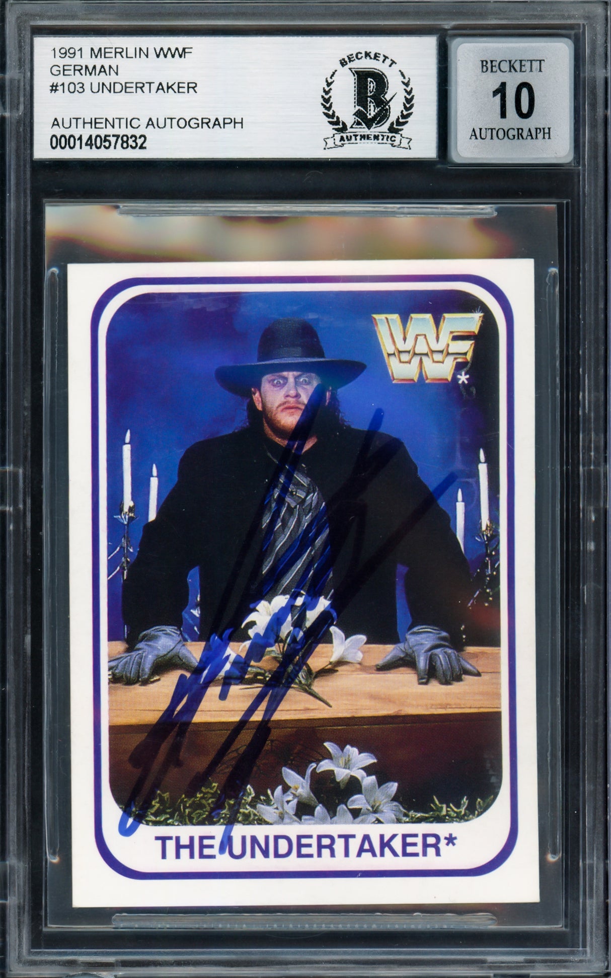 Undertaker Autographed 1991 Merlin WWF German Card #103 Auto Grade Gem Mint 10 (Small Crease) Beckett BAS #14057832