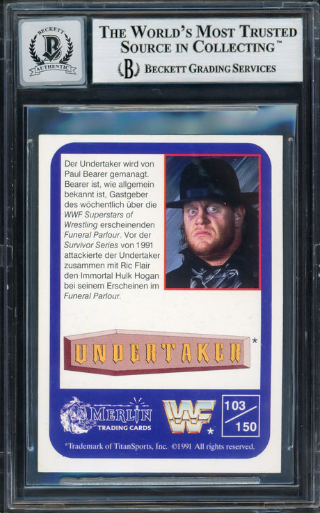 The Undertaker Autographed 1991 Merlin WWF German Card #103 Auto Grade Gem Mint 10 (Small Crease) Beckett BAS #14057832