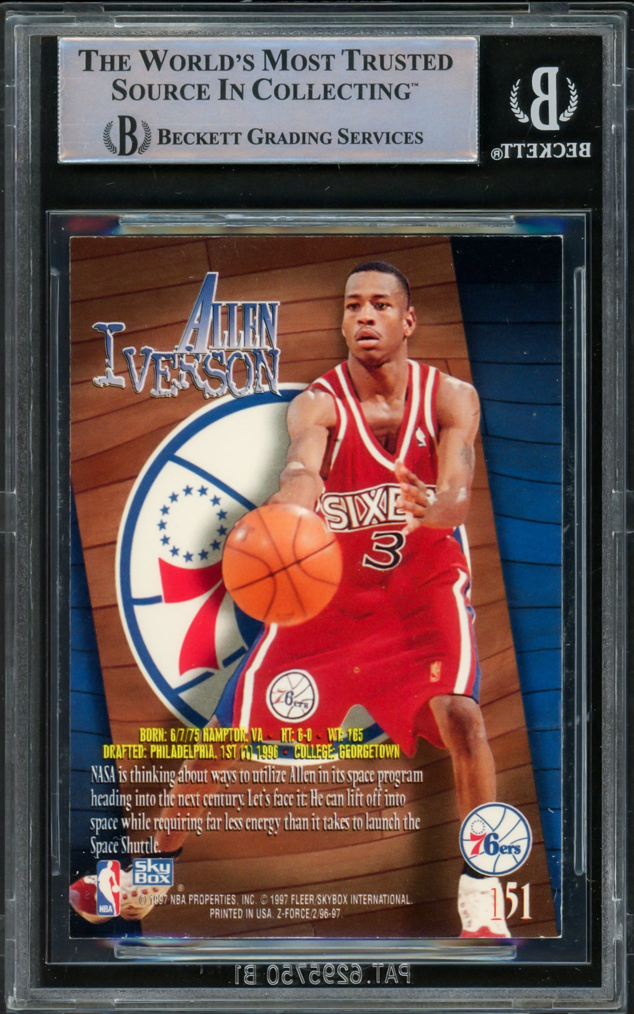 Allen Iverson Autographed 1996-97 Skybox Z-Force Rookie Card #151 Philadelphia 76ers Beckett BAS Witnessed #16562922