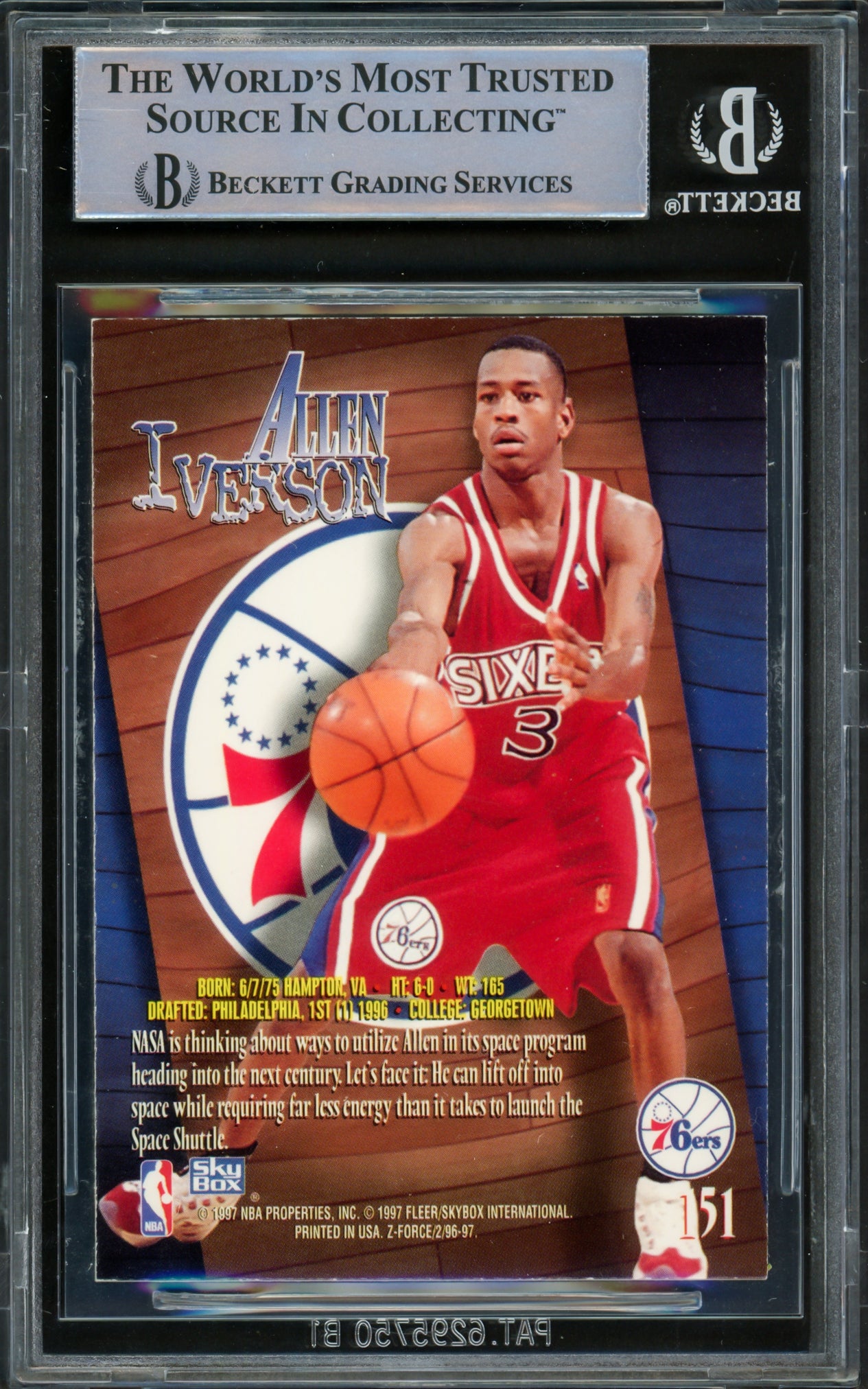 Allen Iverson Autographed 1996-97 Skybox Z-Force Rookie Card #151 Philadelphia 76ers Beckett BAS Witnessed #16562921