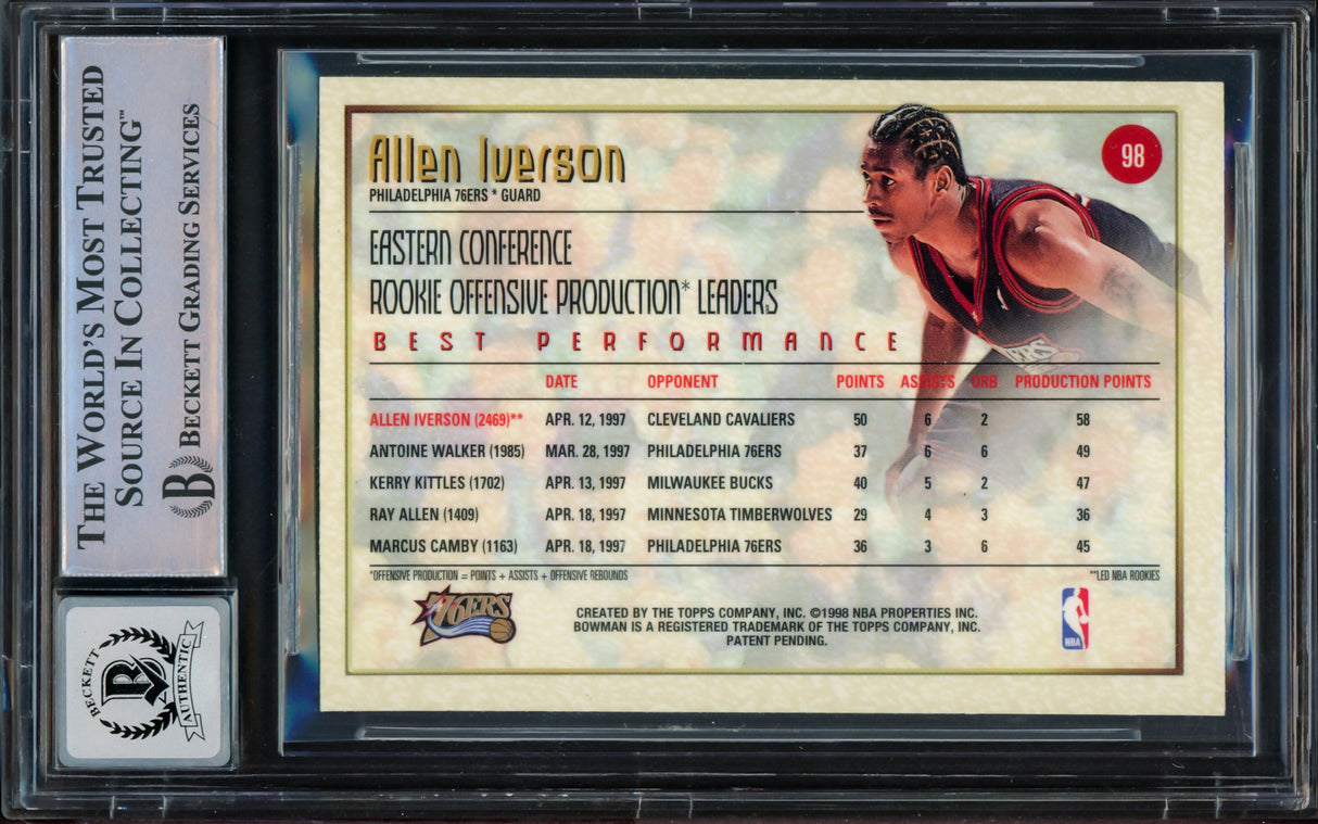 Allen Iverson Autographed 1997-98 Bowman's Best Card #98 Philadelphia 76ers Auto Grade Gem Mint 10 Beckett BAS Witnessed #16562477