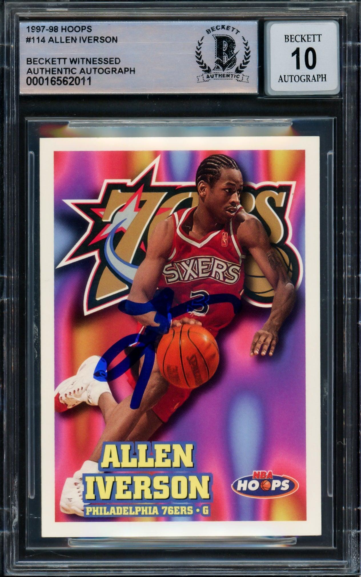 Allen Iverson Autographed 1997-98 Hoops Card #114 Philadelphia 76ers Auto Grade Gem Mint 10 Beckett BAS Witnessed #16562011