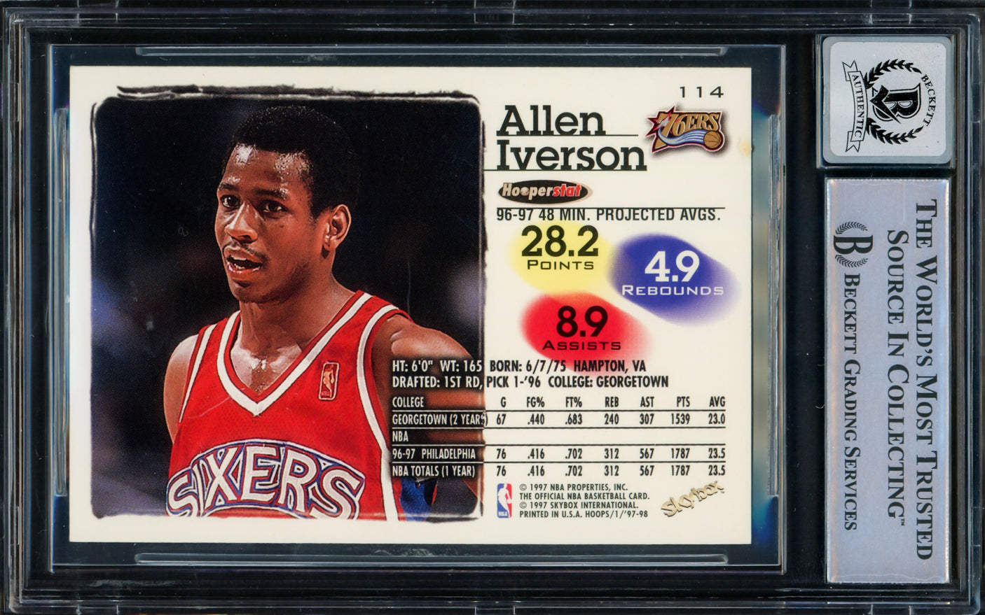 Allen Iverson Autographed 1997-98 Hoops Card #114 Philadelphia 76ers Auto Grade Gem Mint 10 Beckett BAS Witnessed #16562011