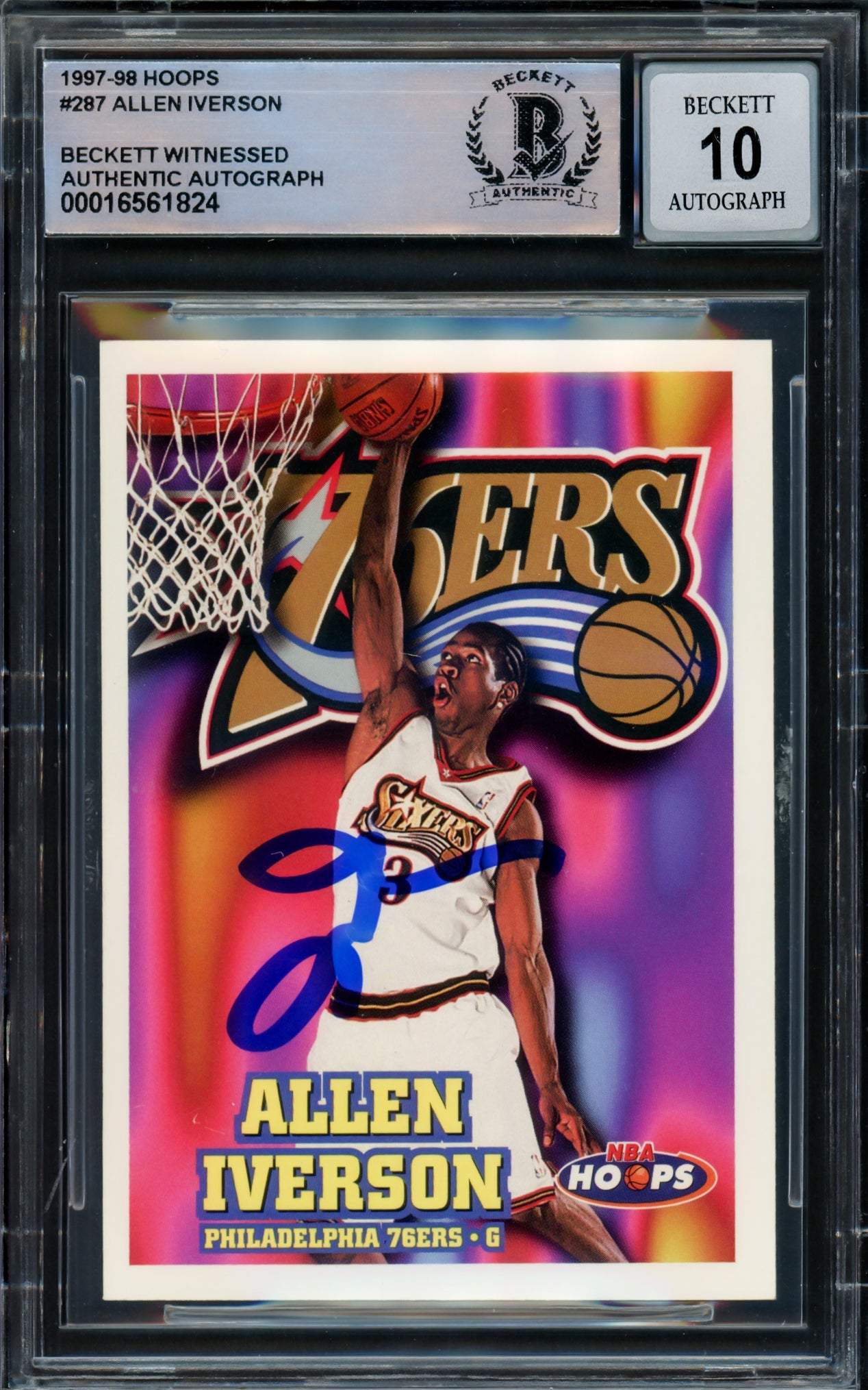 Allen Iverson Autographed 1997-98 Hoops Card #287 Philadelphia 76ers Auto Grade Gem Mint 10 Beckett BAS Witnessed #16561824